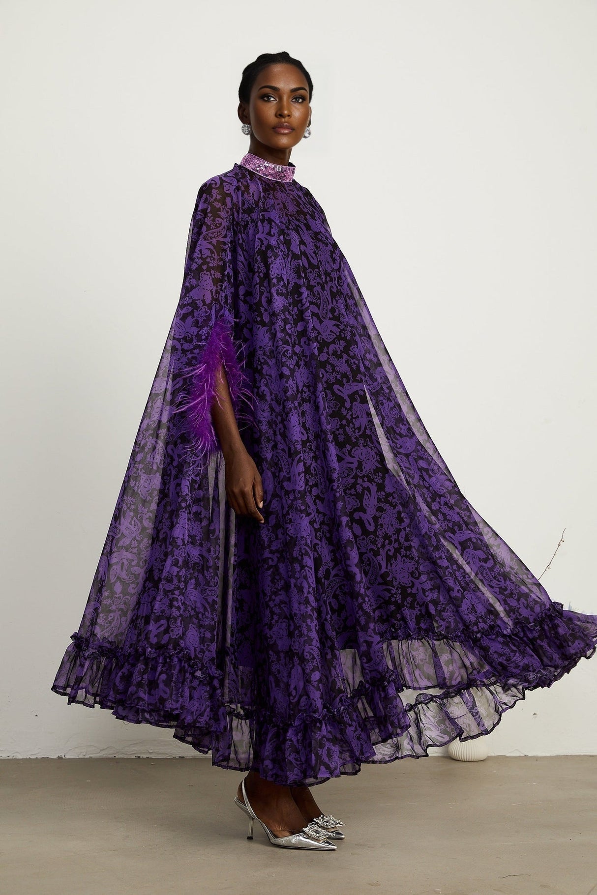 Elisa Maxi Dress - Batwing Sleeves - Feather - Trim Cuffs - All - Over Graphic Print - Semi - Sheer Construction