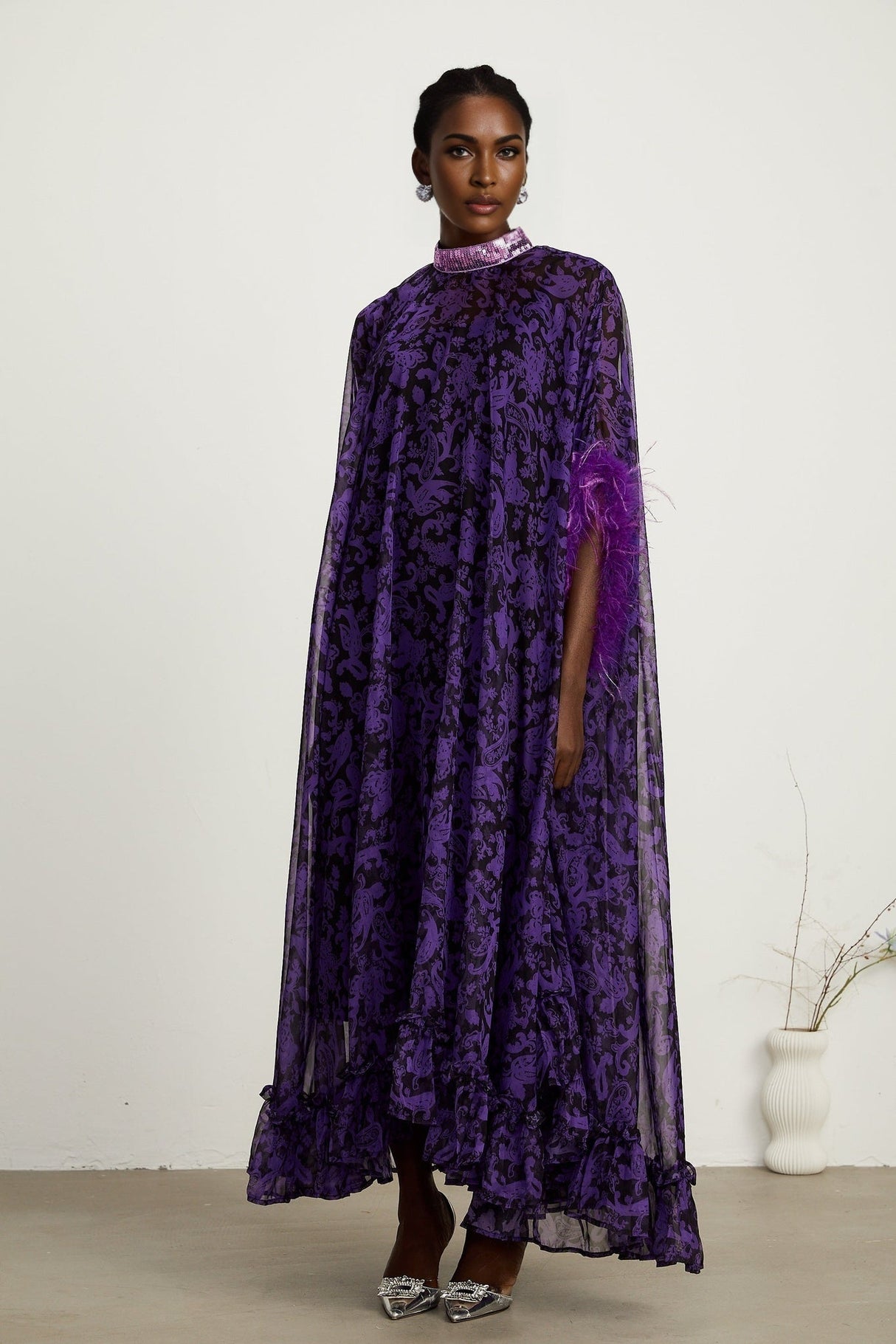 Elisa Maxi Dress - Batwing Sleeves - Feather - Trim Cuffs - All - Over Graphic Print - Semi - Sheer Construction