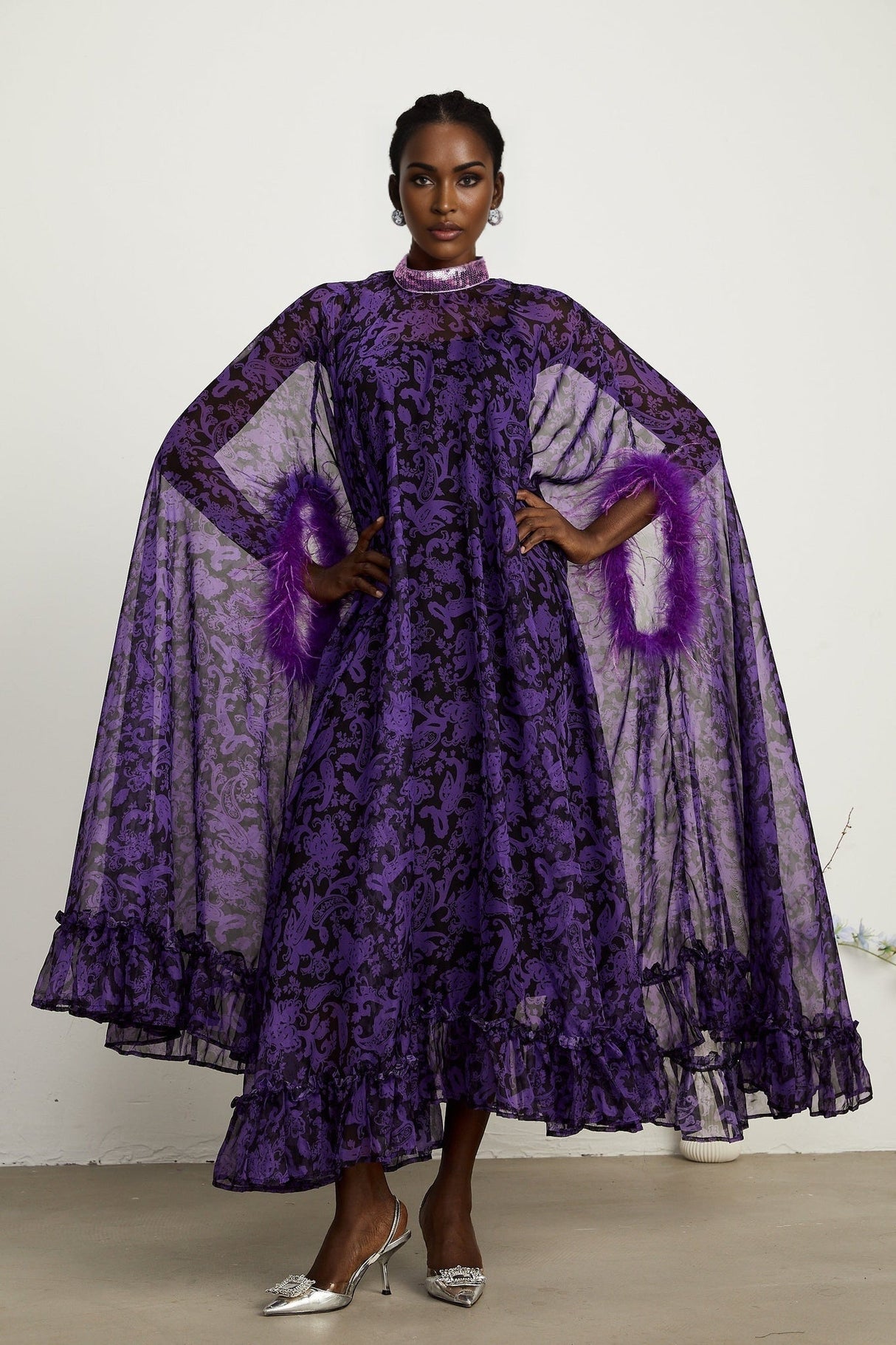 Elisa Maxi Dress - Batwing Sleeves - Feather - Trim Cuffs - All - Over Graphic Print - Semi - Sheer Construction