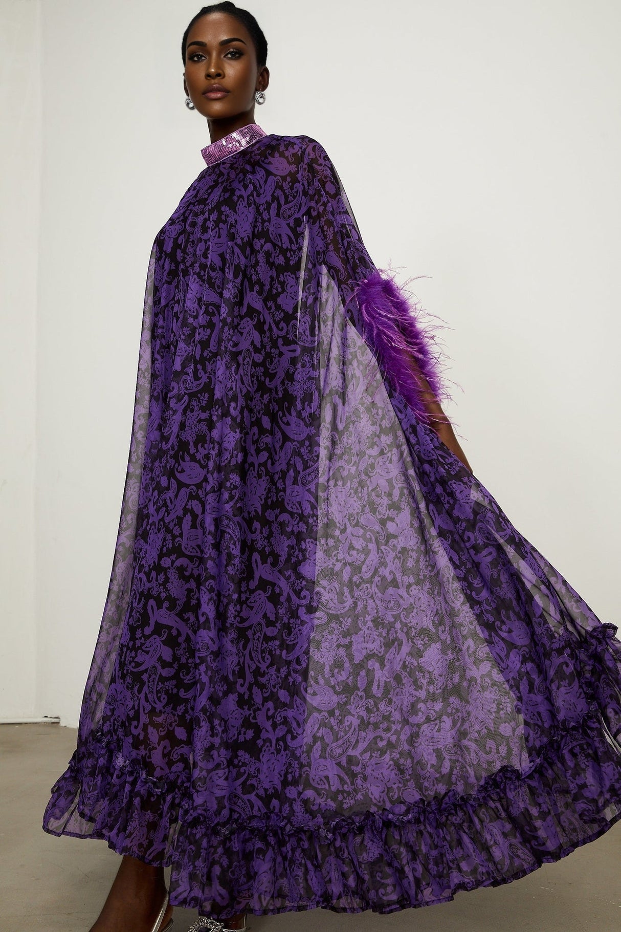 Elisa Maxi Dress - Batwing Sleeves - Feather - Trim Cuffs - All - Over Graphic Print - Semi - Sheer Construction