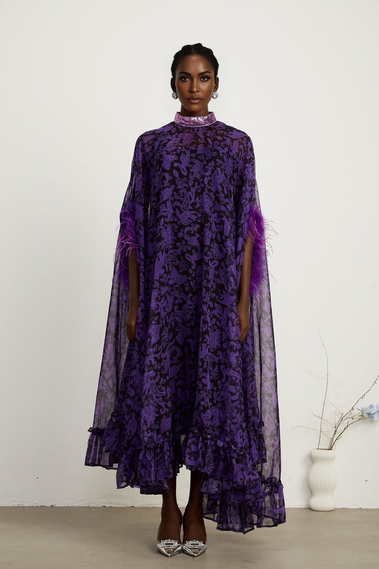 Elisa Maxi Dress - Batwing Sleeves - Feather - Trim Cuffs - All - Over Graphic Print - Semi - Sheer Construction