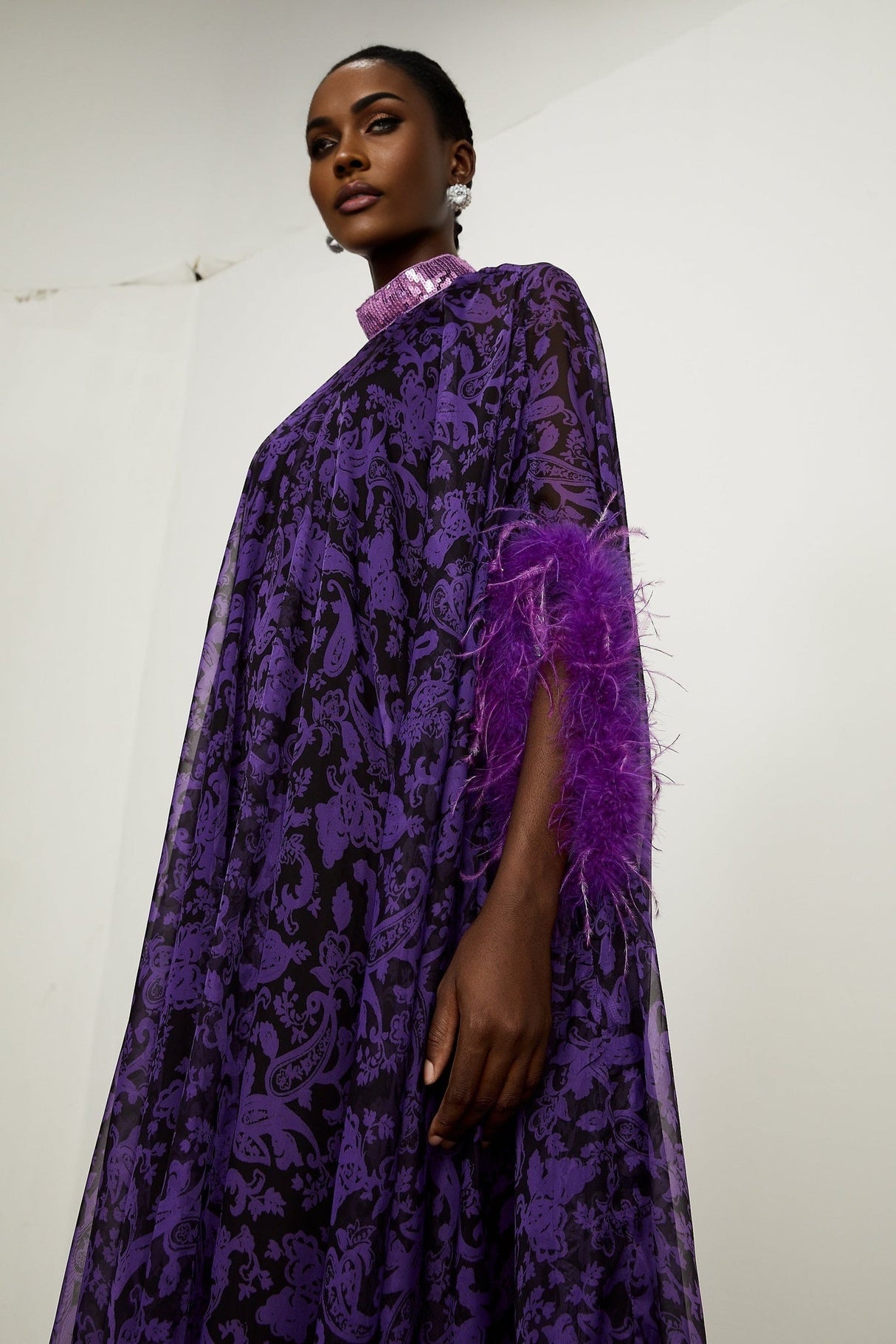 Elisa Maxi Dress - Batwing Sleeves - Feather - Trim Cuffs - All - Over Graphic Print - Semi - Sheer Construction