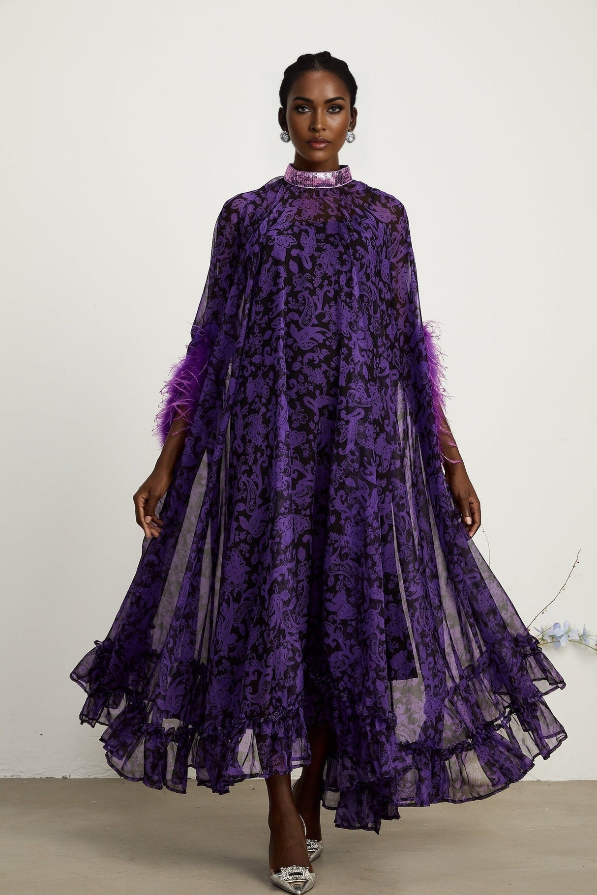 Elisa Maxi Dress - Batwing Sleeves - Feather - Trim Cuffs - All - Over Graphic Print - Semi - Sheer Construction