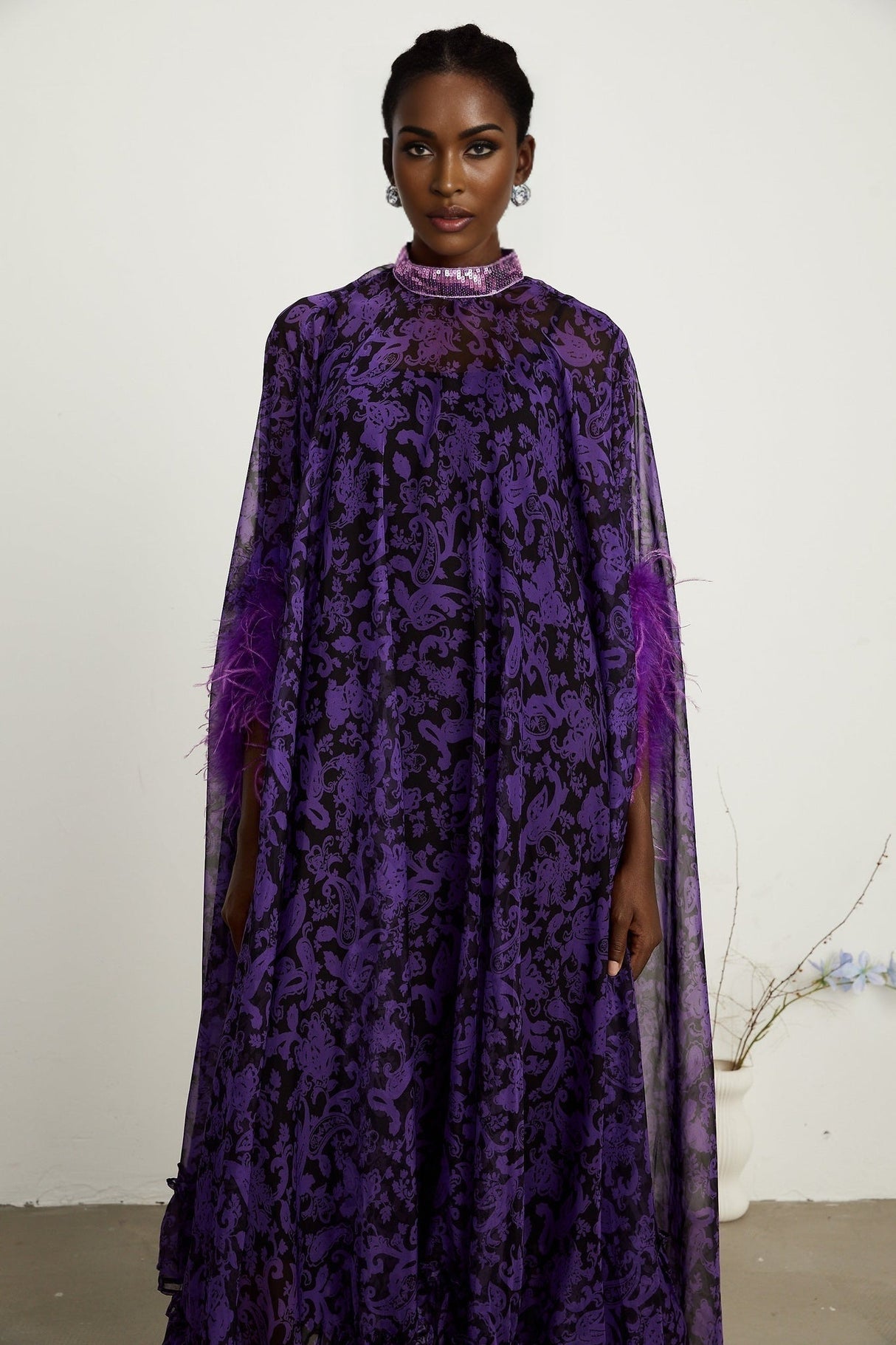 Elisa Maxi Dress - Batwing Sleeves - Feather - Trim Cuffs - All - Over Graphic Print - Semi - Sheer Construction