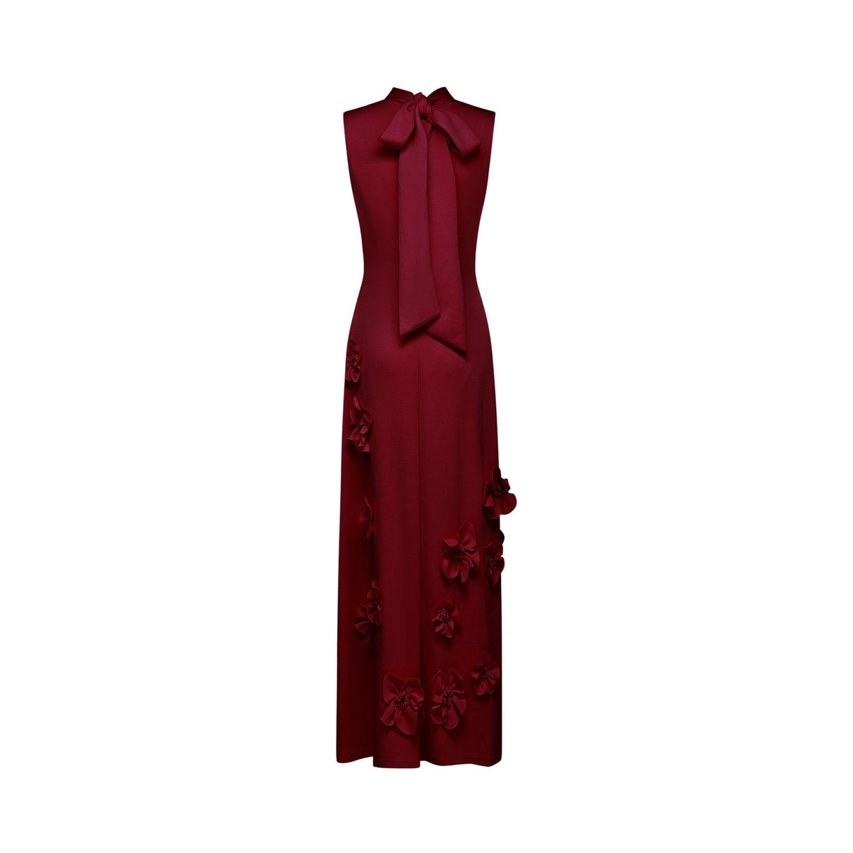 Elisa Maxi Dress - Sleeveless Style - Faux Flower Embellishments - Bow Tie Neck Detail - Flounce Hem