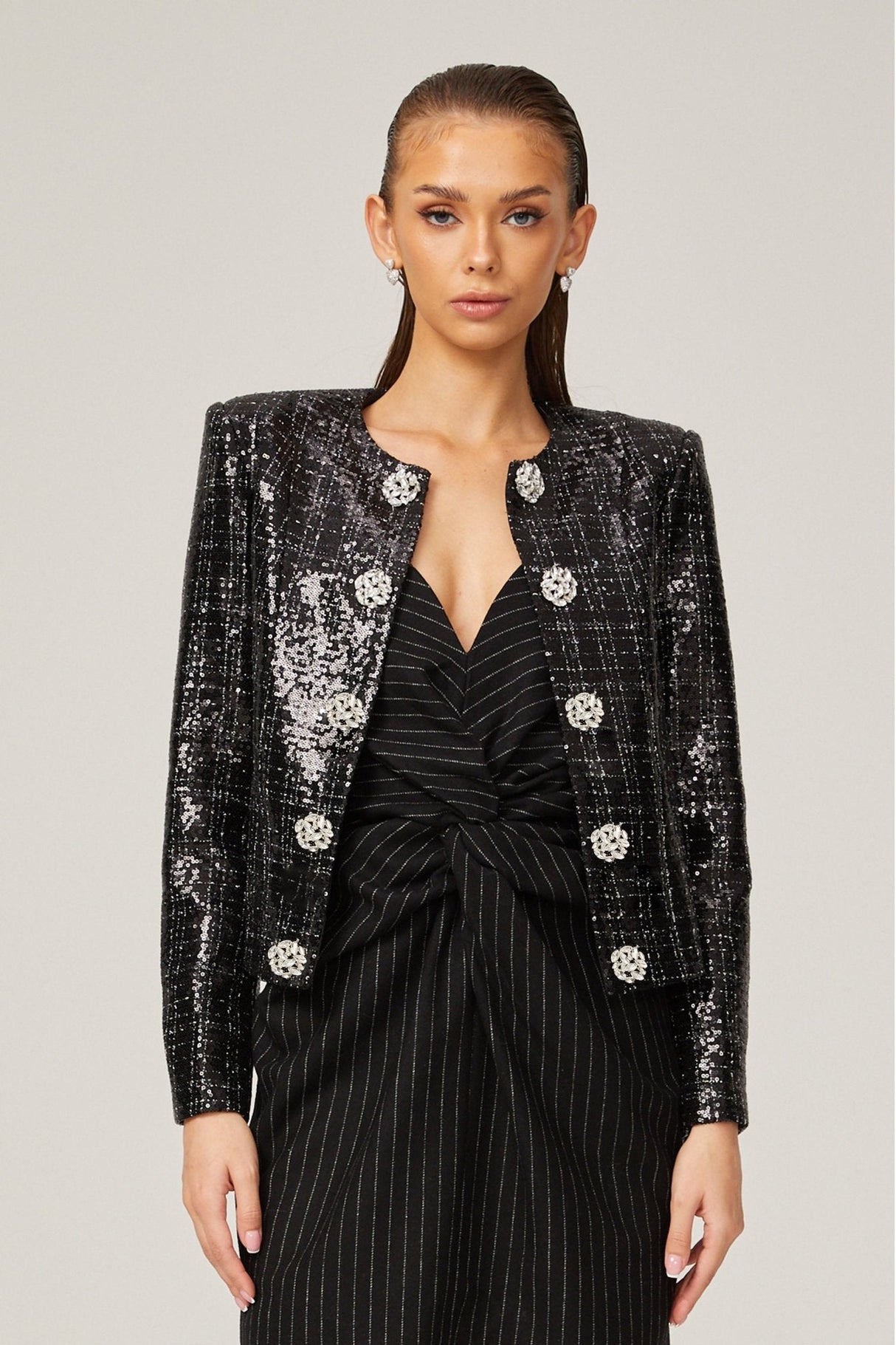 Elisa Tailored Tweed Jacket - Long Sleeves - Silver Detailing - Jeweled Buttons