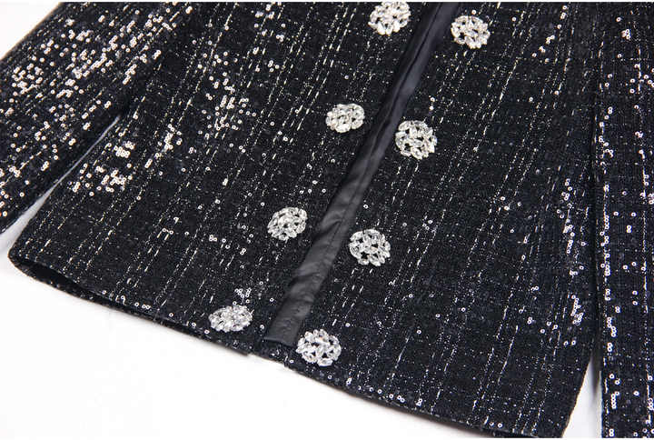 Elisa Tailored Tweed Jacket - Long Sleeves - Silver Detailing - Jeweled Buttons