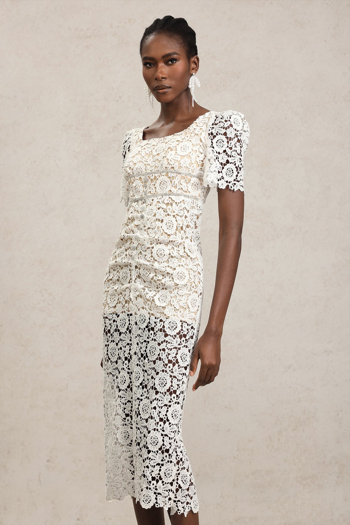 Elisa White Lace Diamond Pattern Midi Dress with Short Sleeves Square Neckline Fitted Silhouette for Garden Party or Outdoor Wedding