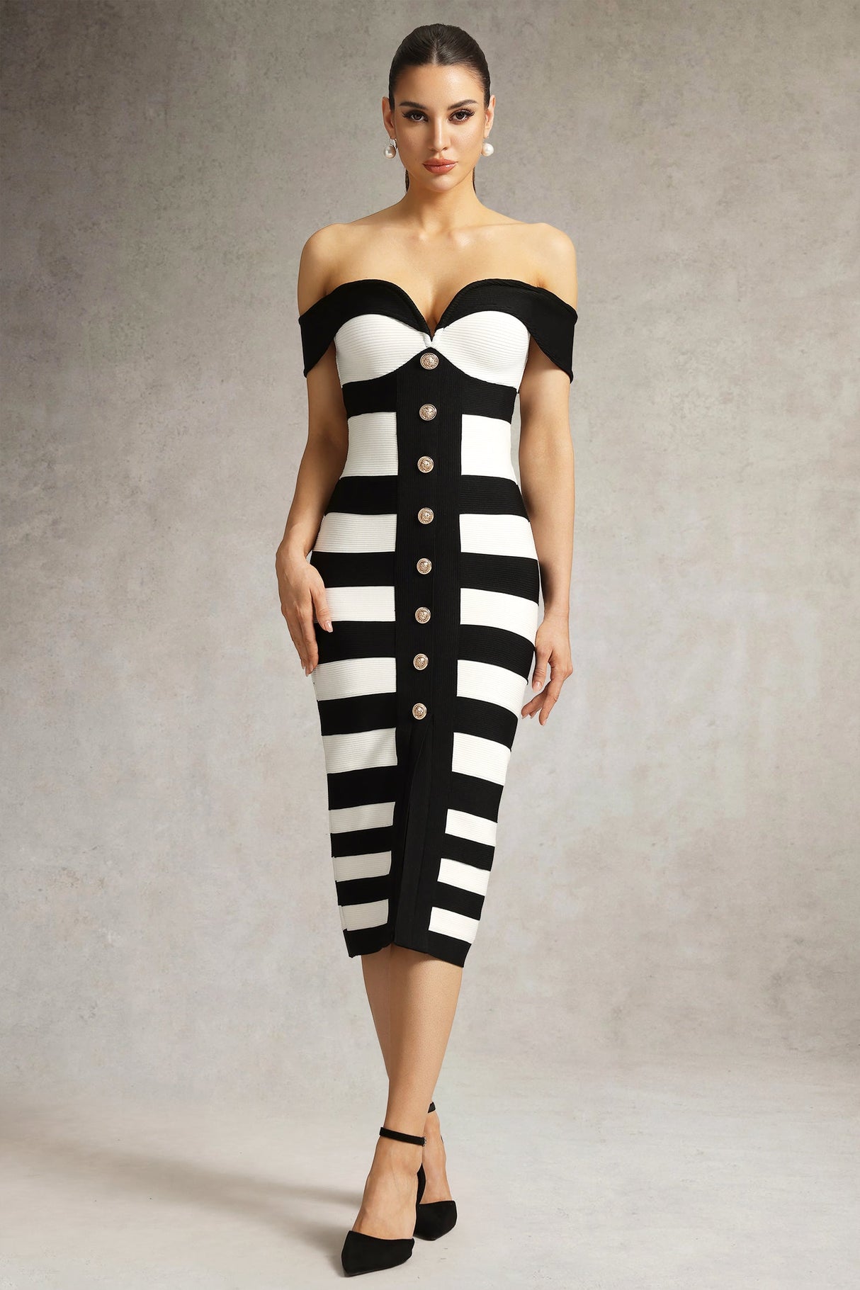 Elisabetta Black Off-Shoulder Bandage Midi Dress with Stripes and Button Detailing