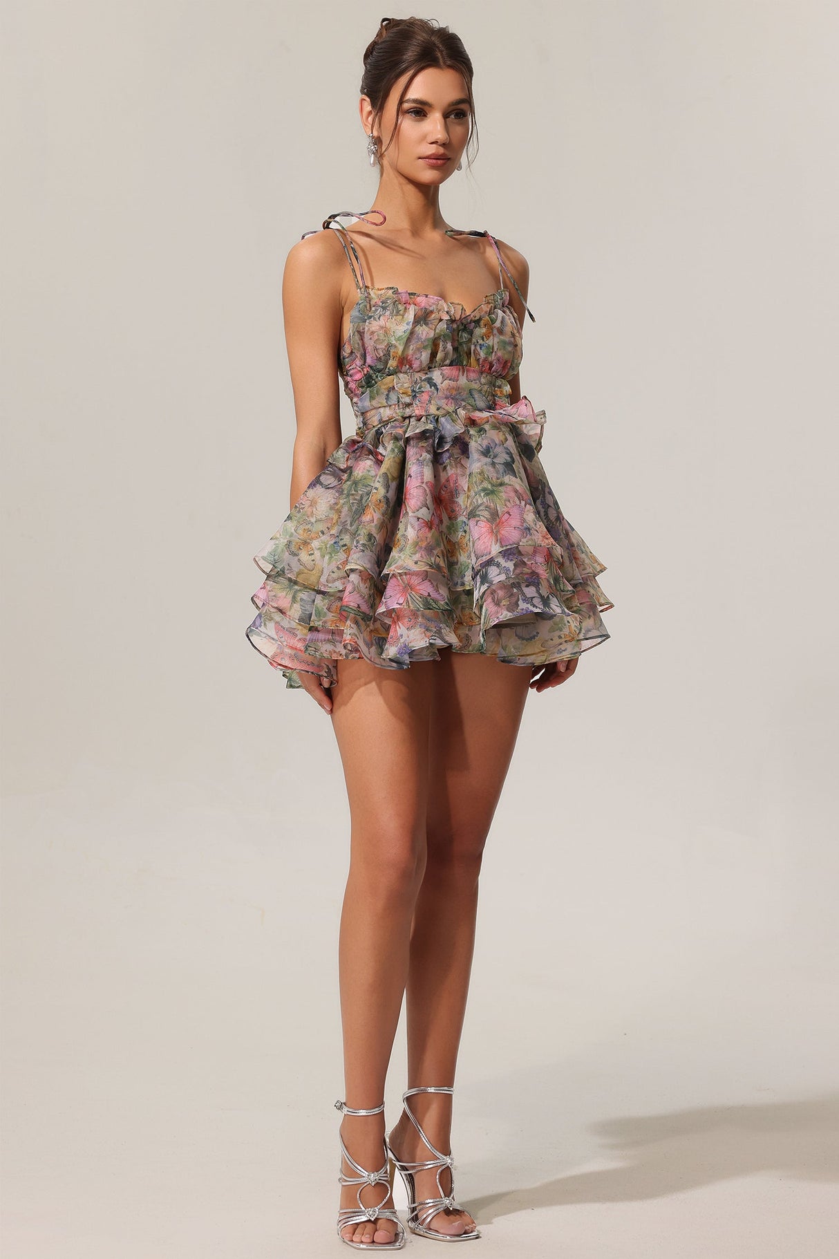 Elisabetta Hester Sleeveless V-Neck Lacing Flounce Mini Dress in Multi Floral Print