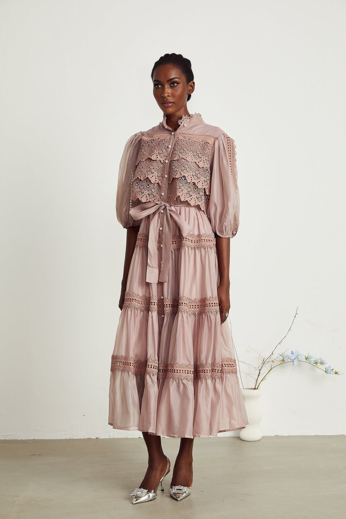 Elisabetta Midi Dress - Mock Neck - Lace Detailing - Puff Sleeves - Cut - Out Design - Belted Waist