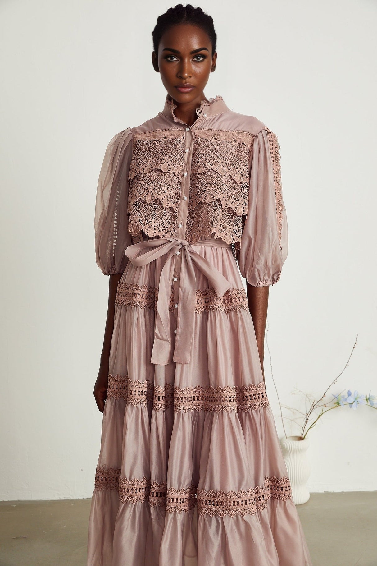 Elisabetta Midi Dress - Mock Neck - Lace Detailing - Puff Sleeves - Cut - Out Design - Belted Waist