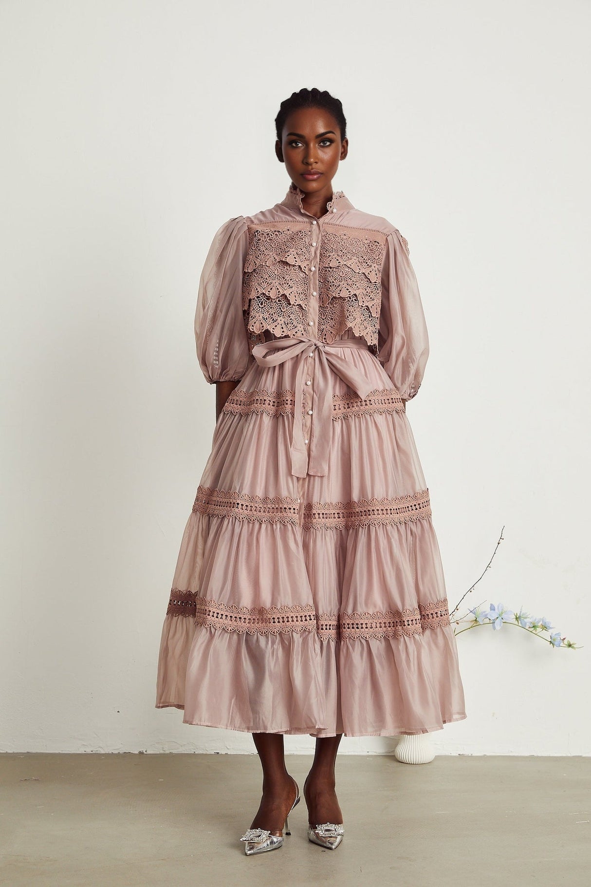 Elisabetta Midi Dress - Mock Neck - Lace Detailing - Puff Sleeves - Cut - Out Design - Belted Waist