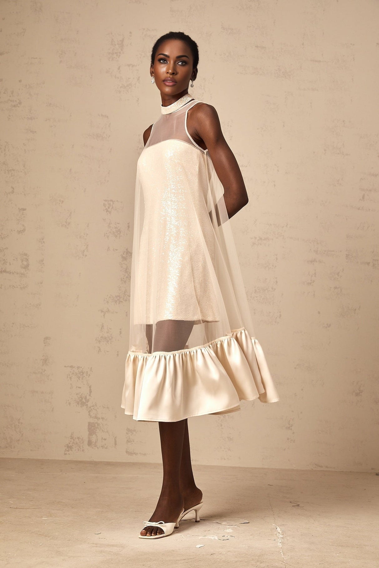 Elisabetta Midi Dress - Sequin Embellishment - Tulle Panelling - Flared Hem - Layered Design - Sleeveless