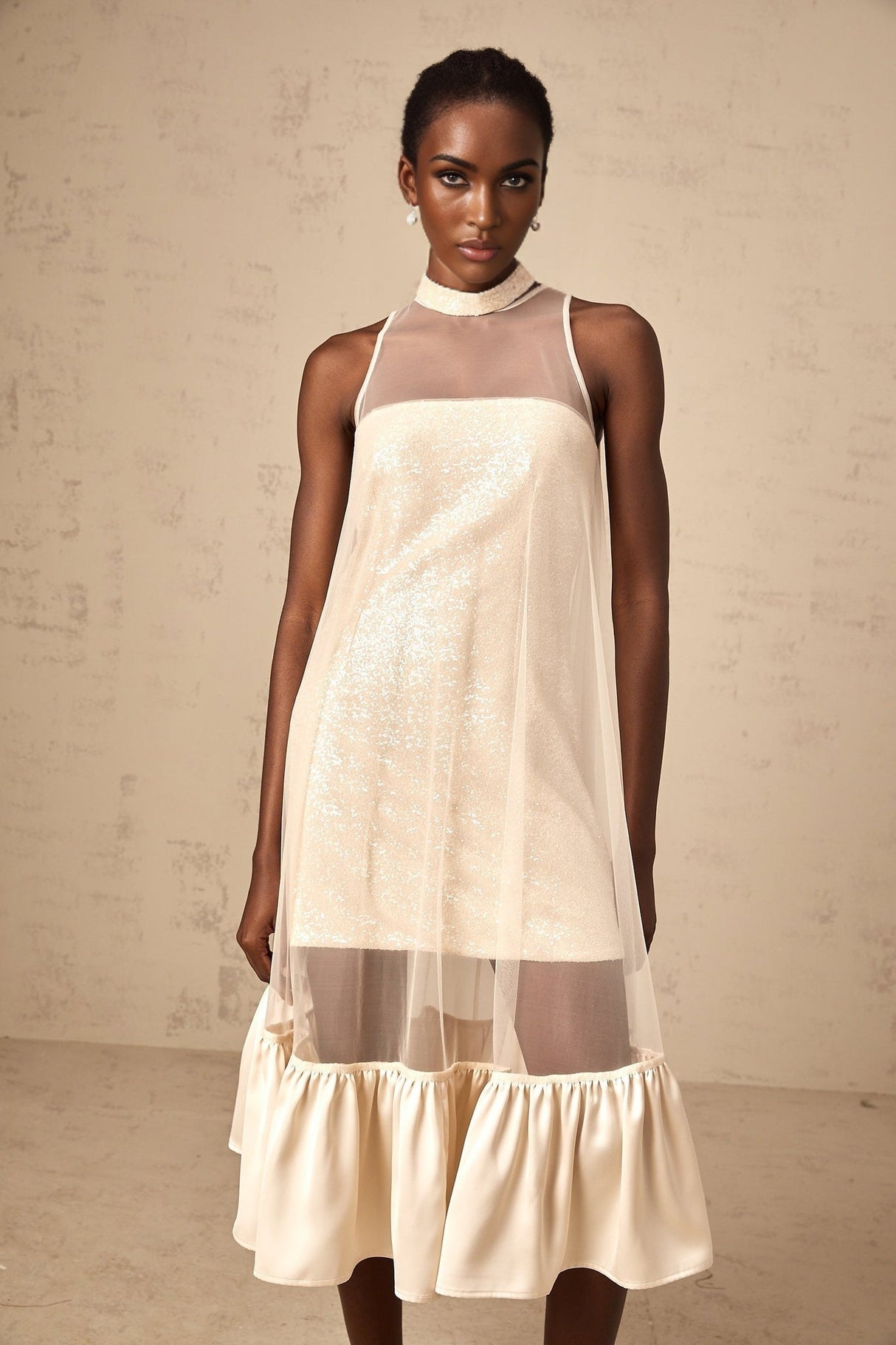 Elisabetta Midi Dress - Sequin Embellishment - Tulle Panelling - Flared Hem - Layered Design - Sleeveless