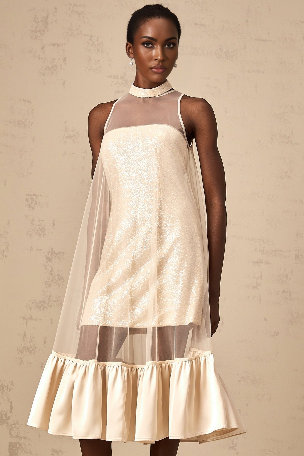 Elisabetta Midi Dress - Sequin Embellishment - Tulle Panelling - Flared Hem - Layered Design - Sleeveless