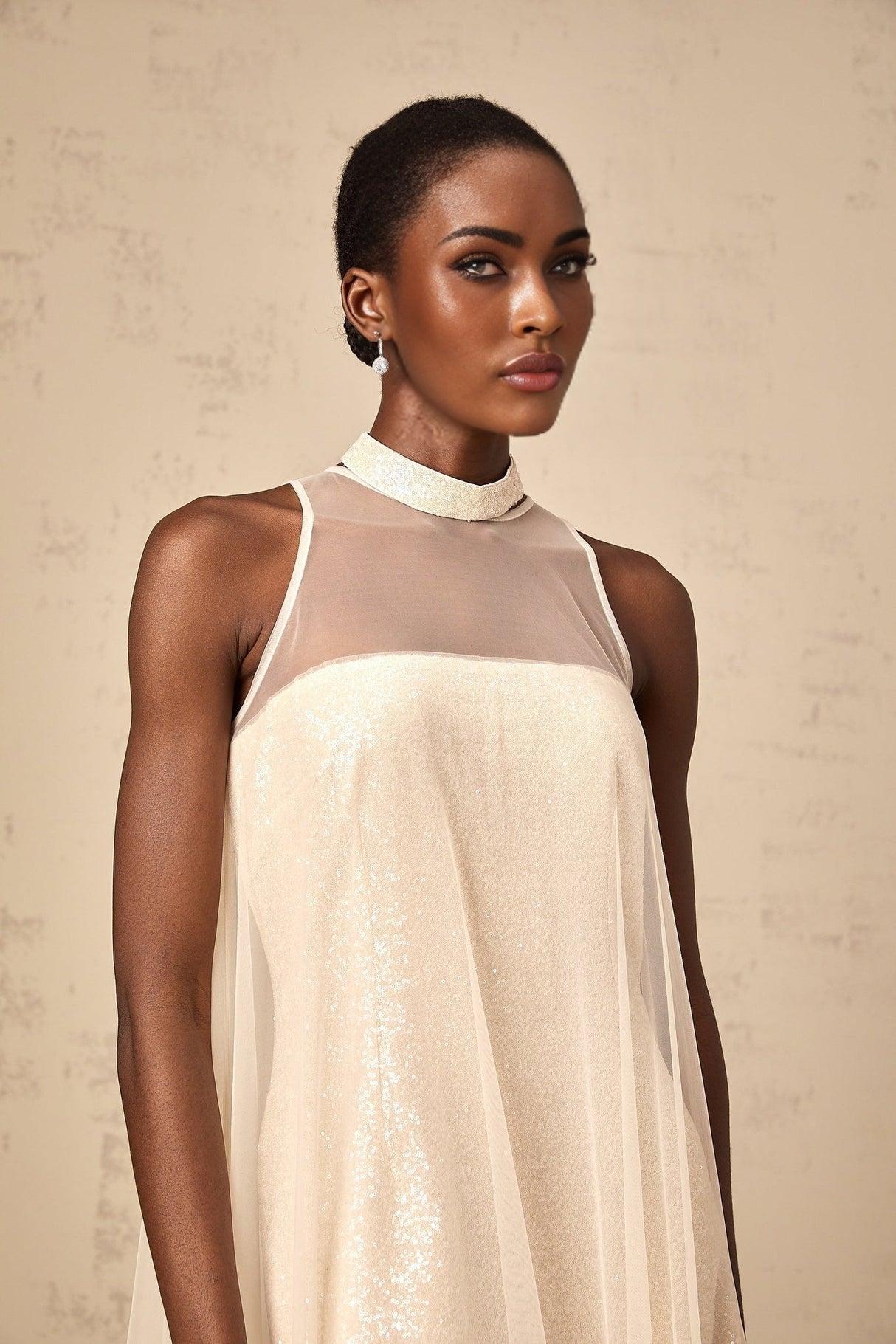 Elisabetta Midi Dress - Sequin Embellishment - Tulle Panelling - Flared Hem - Layered Design - Sleeveless