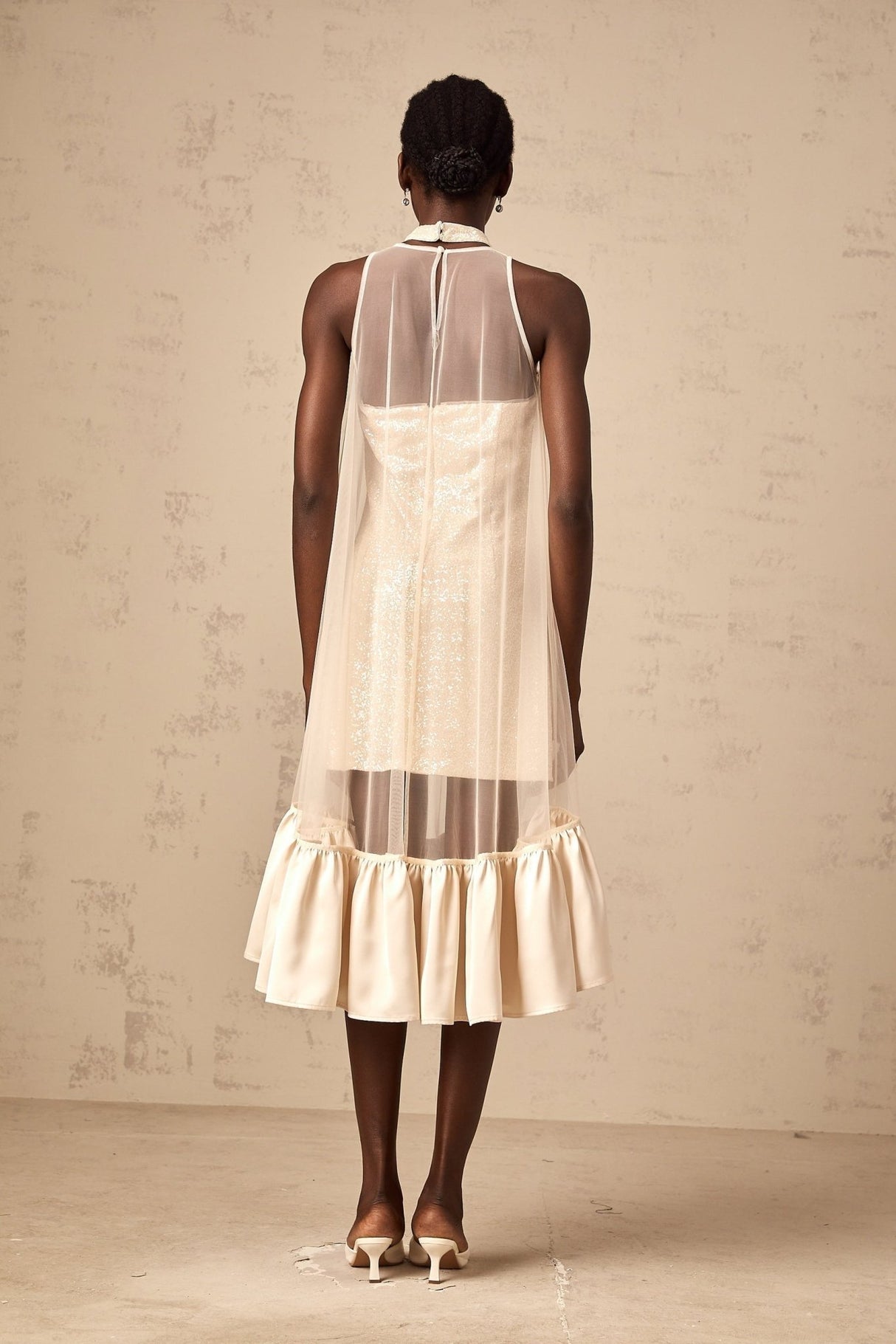 Elisabetta Midi Dress - Sequin Embellishment - Tulle Panelling - Flared Hem - Layered Design - Sleeveless