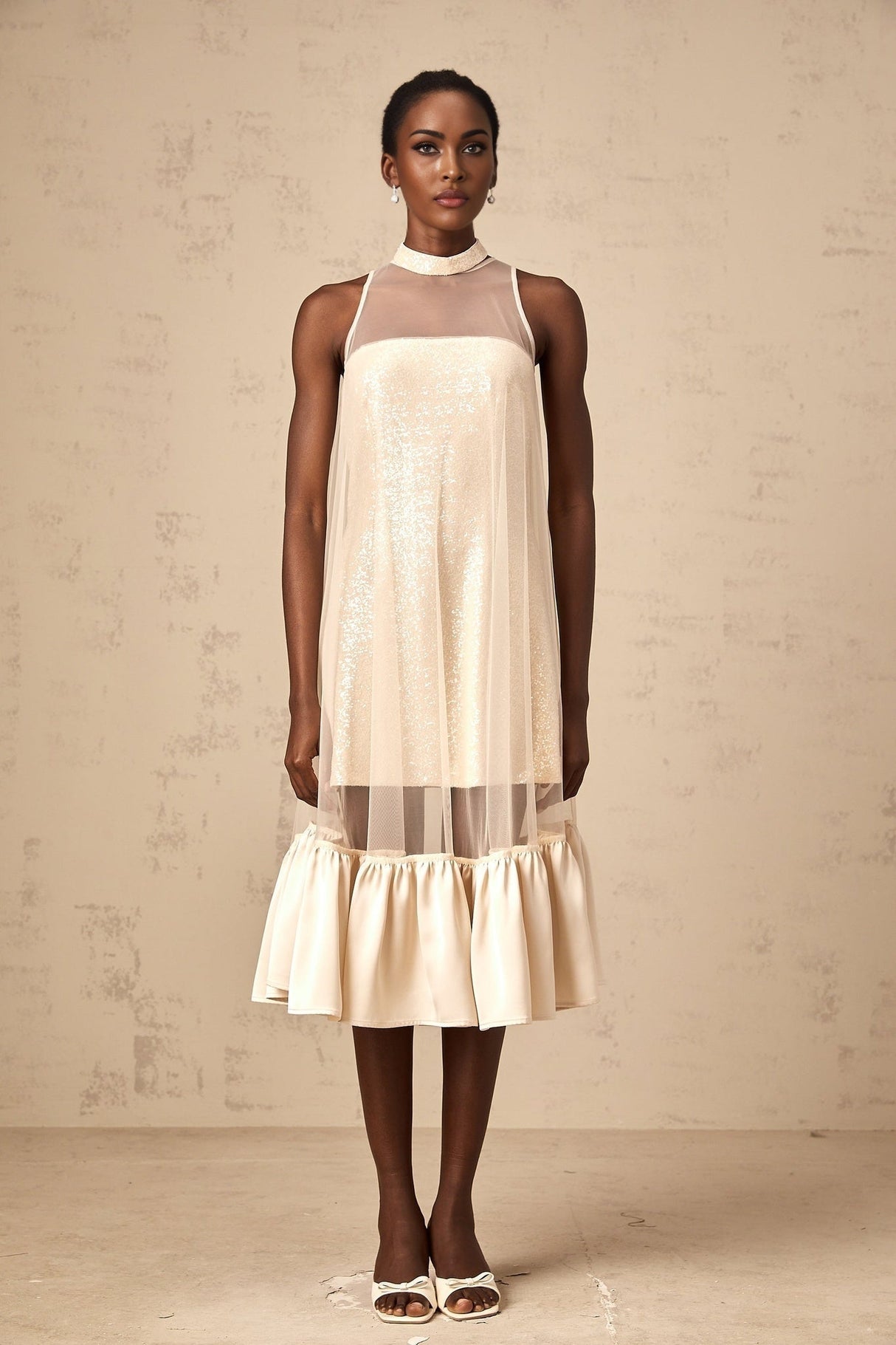 Elisabetta Midi Dress - Sequin Embellishment - Tulle Panelling - Flared Hem - Layered Design - Sleeveless