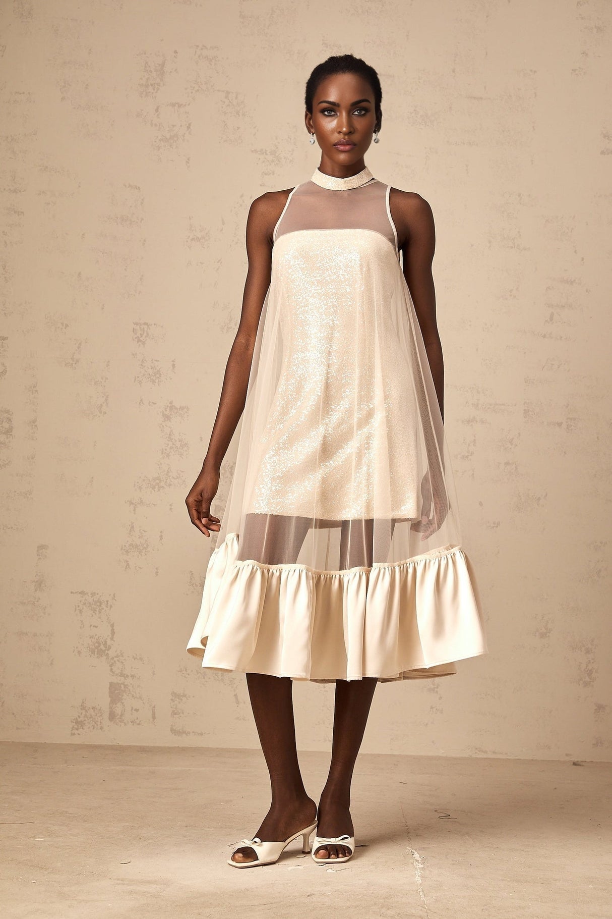 Elisabetta Midi Dress - Sequin Embellishment - Tulle Panelling - Flared Hem - Layered Design - Sleeveless