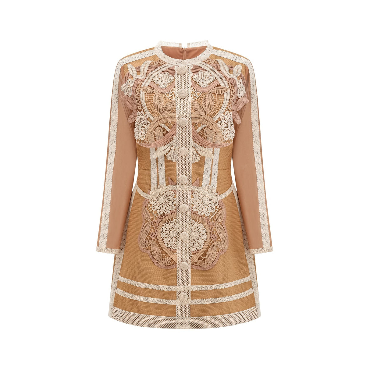Elisabetta Mini Dress - Crew Neck - Long Sleeves - Cut - Out Detailing - Lace Paneling