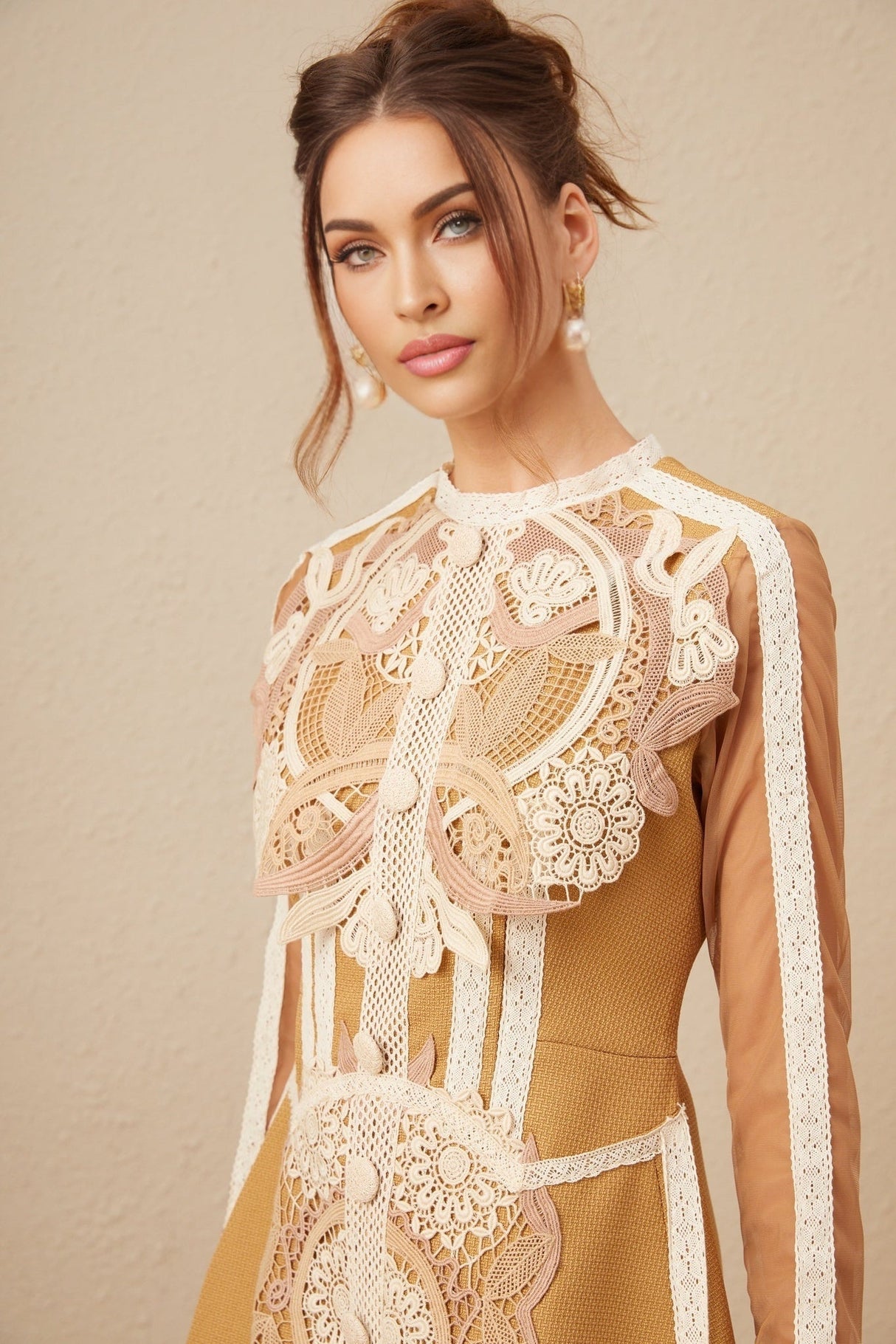 Elisabetta Mini Dress - Crew Neck - Long Sleeves - Cut - Out Detailing - Lace Paneling