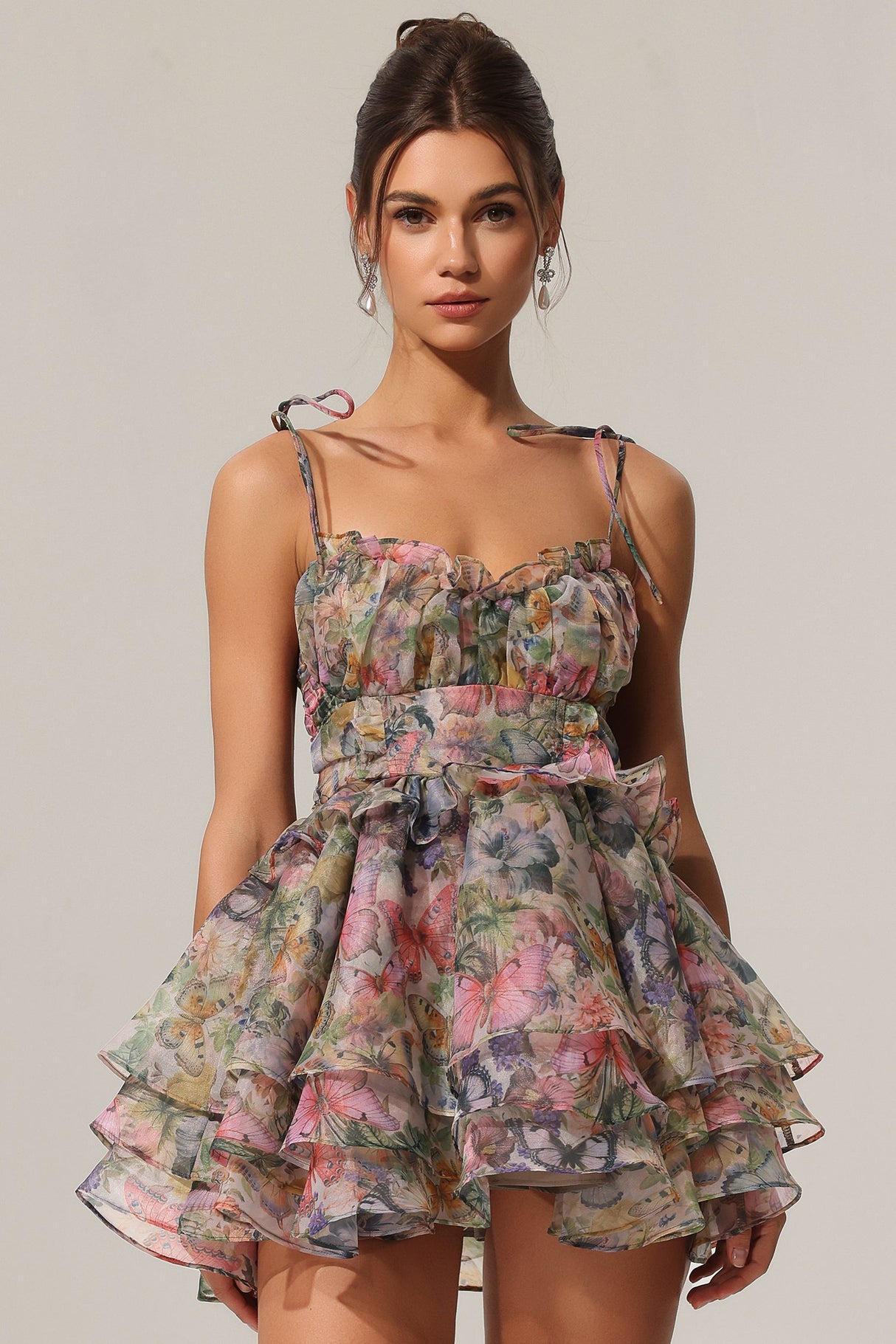 Elisabetta Multi Floral V-Neck Lacing Flounce Mini Dress