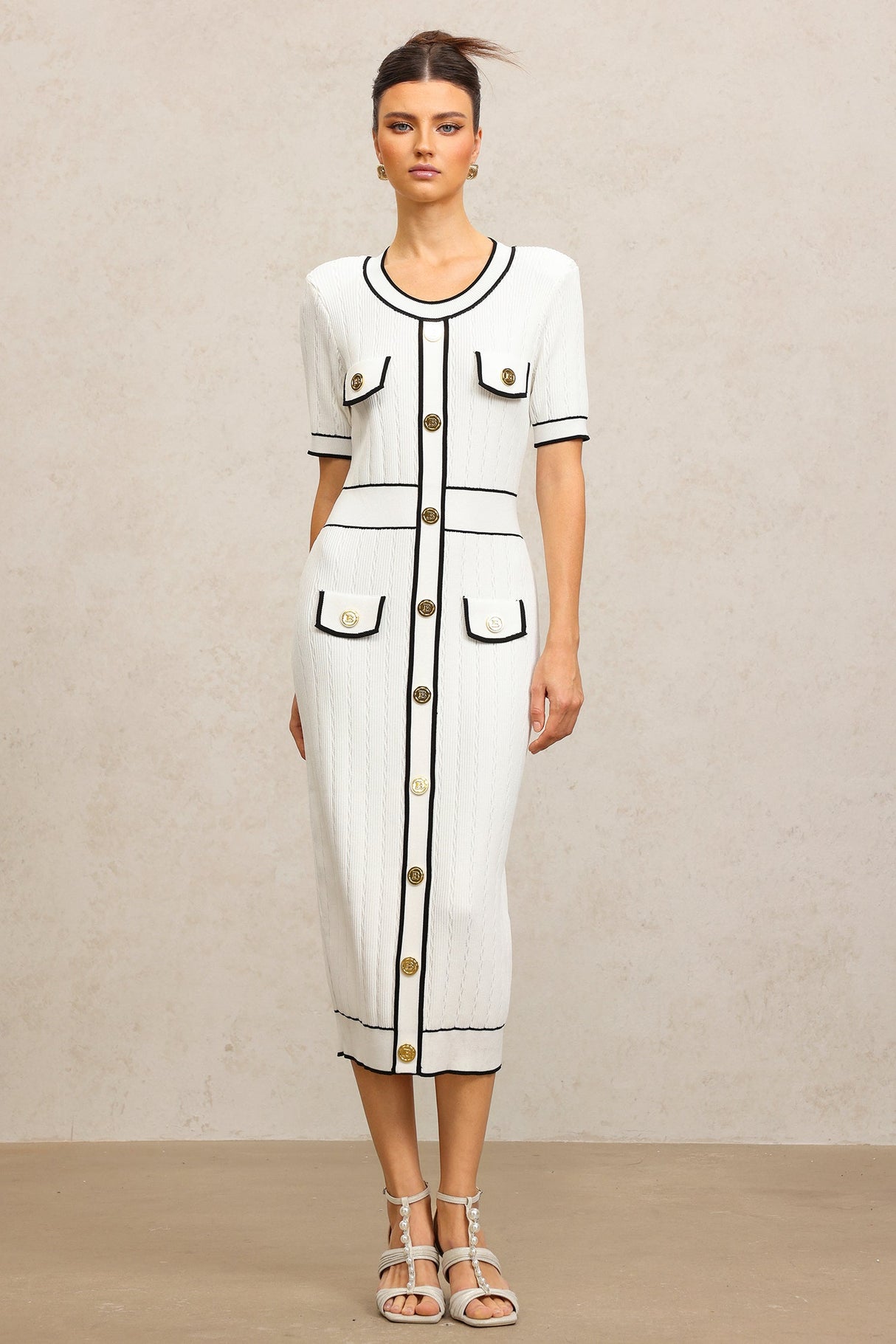 Elisabetta White Fitted Silhouette Dress with Buttoned Pockets and Contrasting Piping