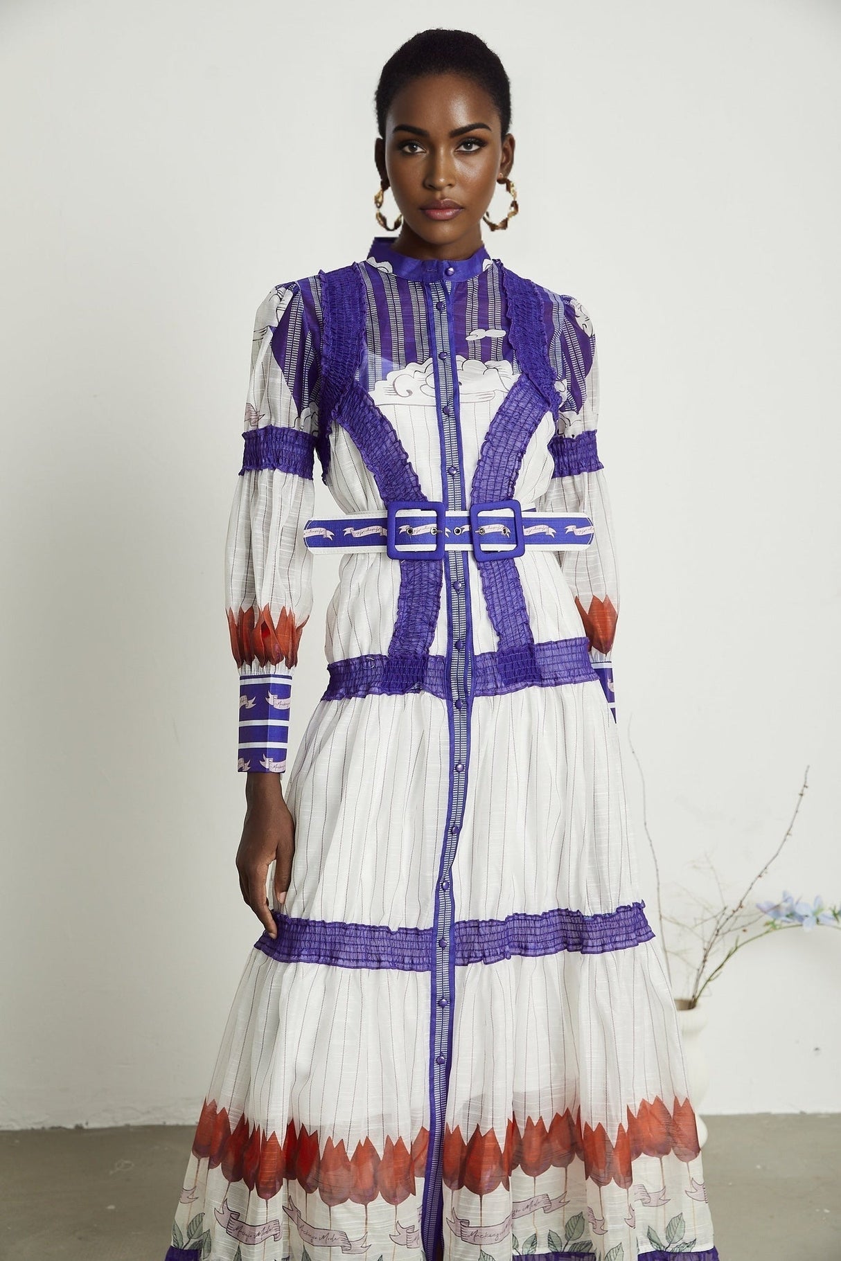 Eliza Midi Dress - Round Neck - Long Sleeves - Pattern - Belted Waist