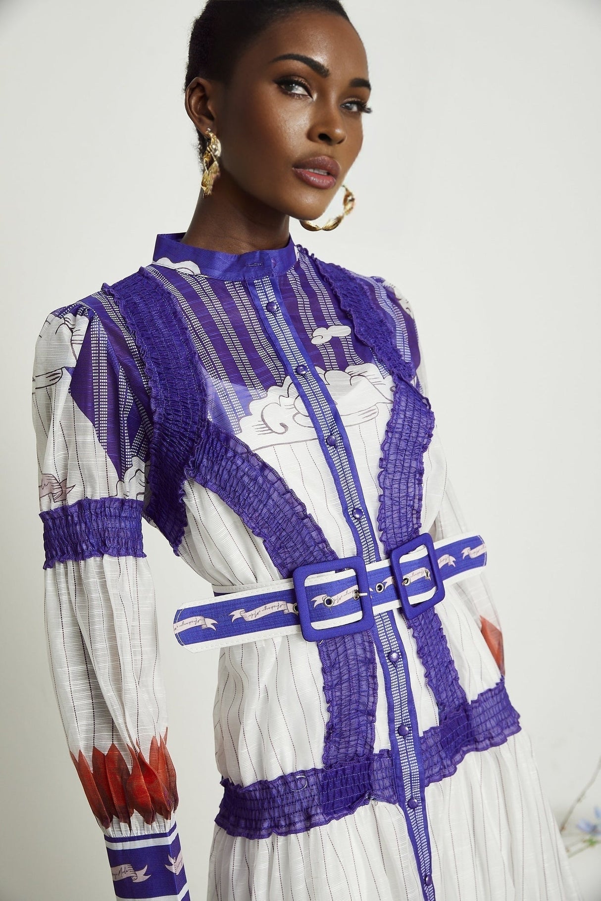 Eliza Midi Dress - Round Neck - Long Sleeves - Pattern - Belted Waist