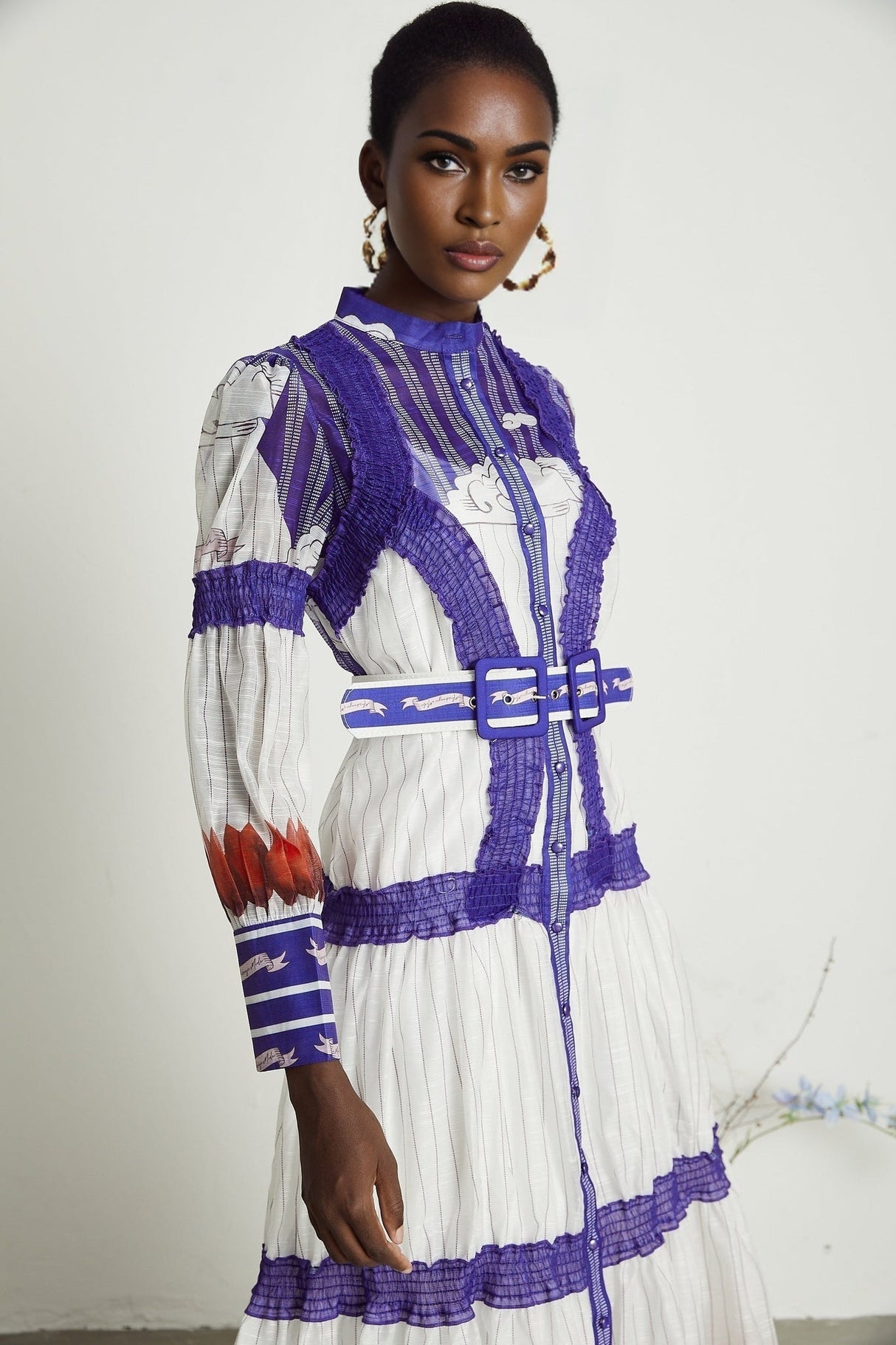 Eliza Midi Dress - Round Neck - Long Sleeves - Pattern - Belted Waist