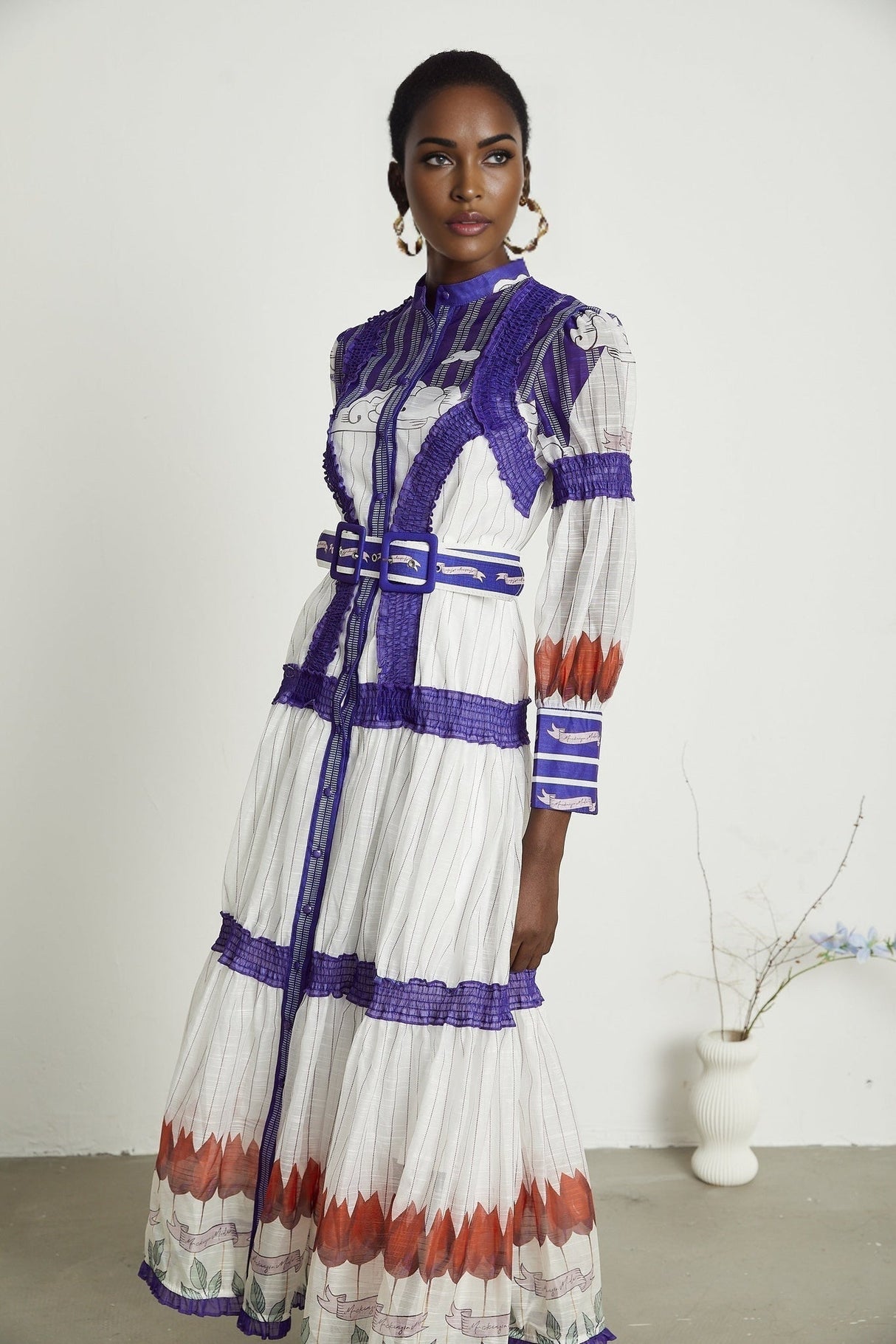 Eliza Midi Dress - Round Neck - Long Sleeves - Pattern - Belted Waist