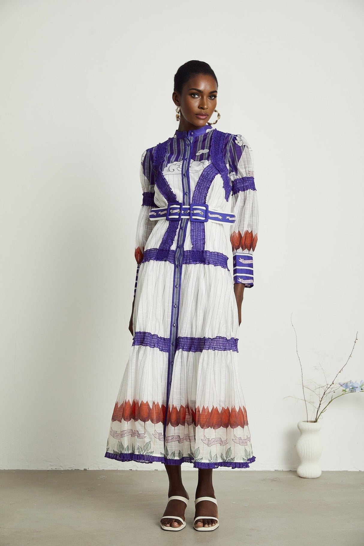 Eliza Midi Dress - Round Neck - Long Sleeves - Pattern - Belted Waist