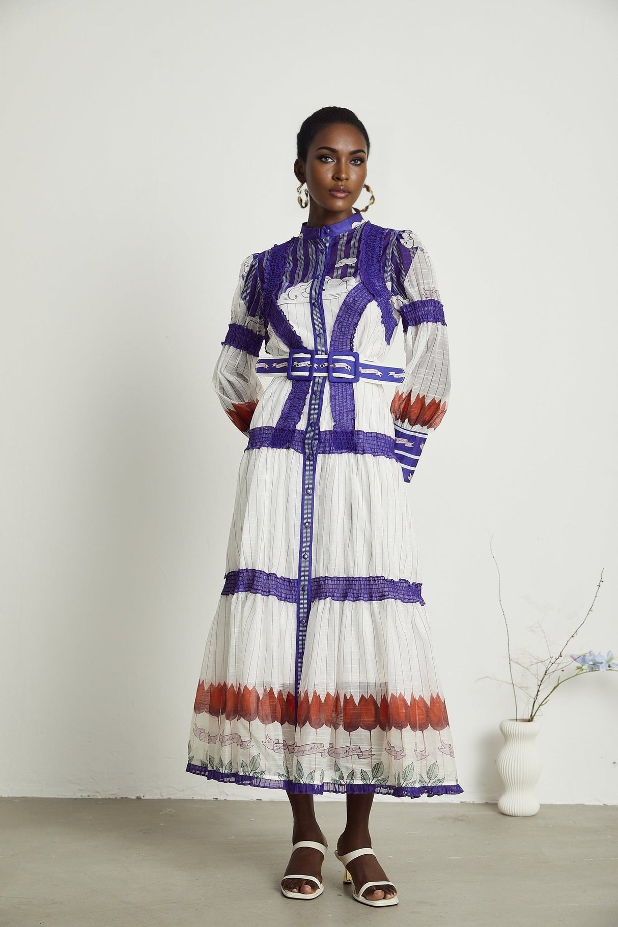 Eliza Midi Dress - Round Neck - Long Sleeves - Pattern - Belted Waist