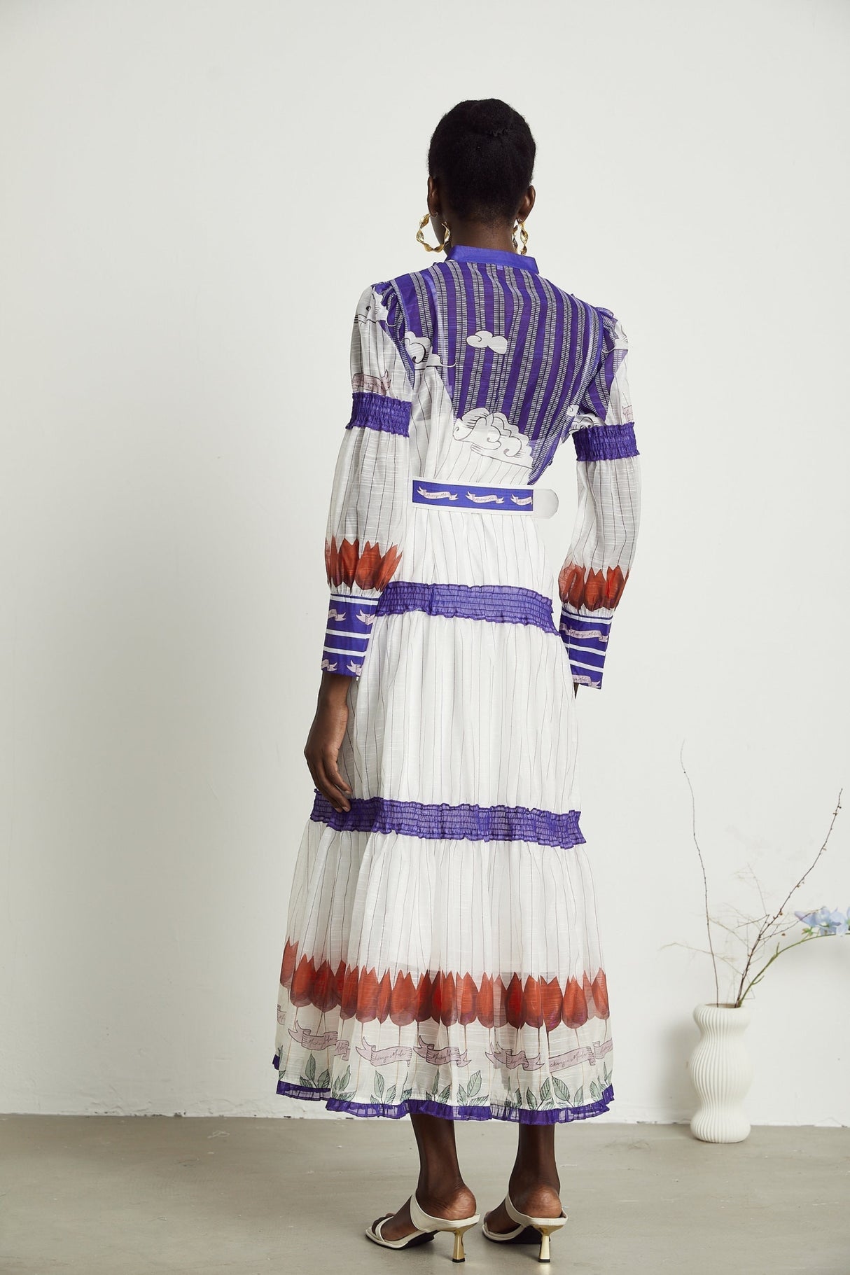 Eliza Midi Dress - Round Neck - Long Sleeves - Pattern - Belted Waist