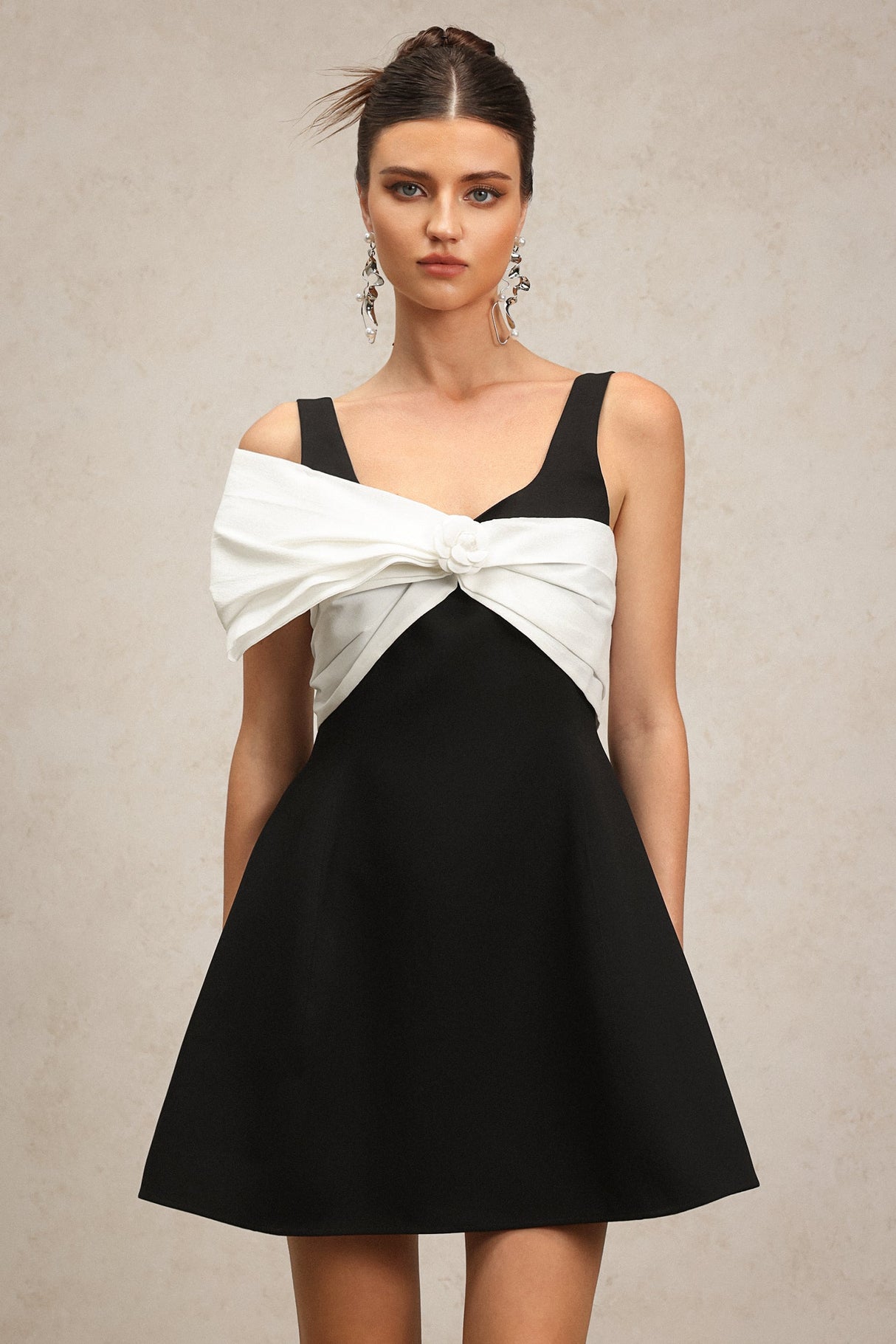 Elizabeth Black Dress Elegant Modern Flair Silhouette Neckline Draping Waist Skirt Sophistication Style