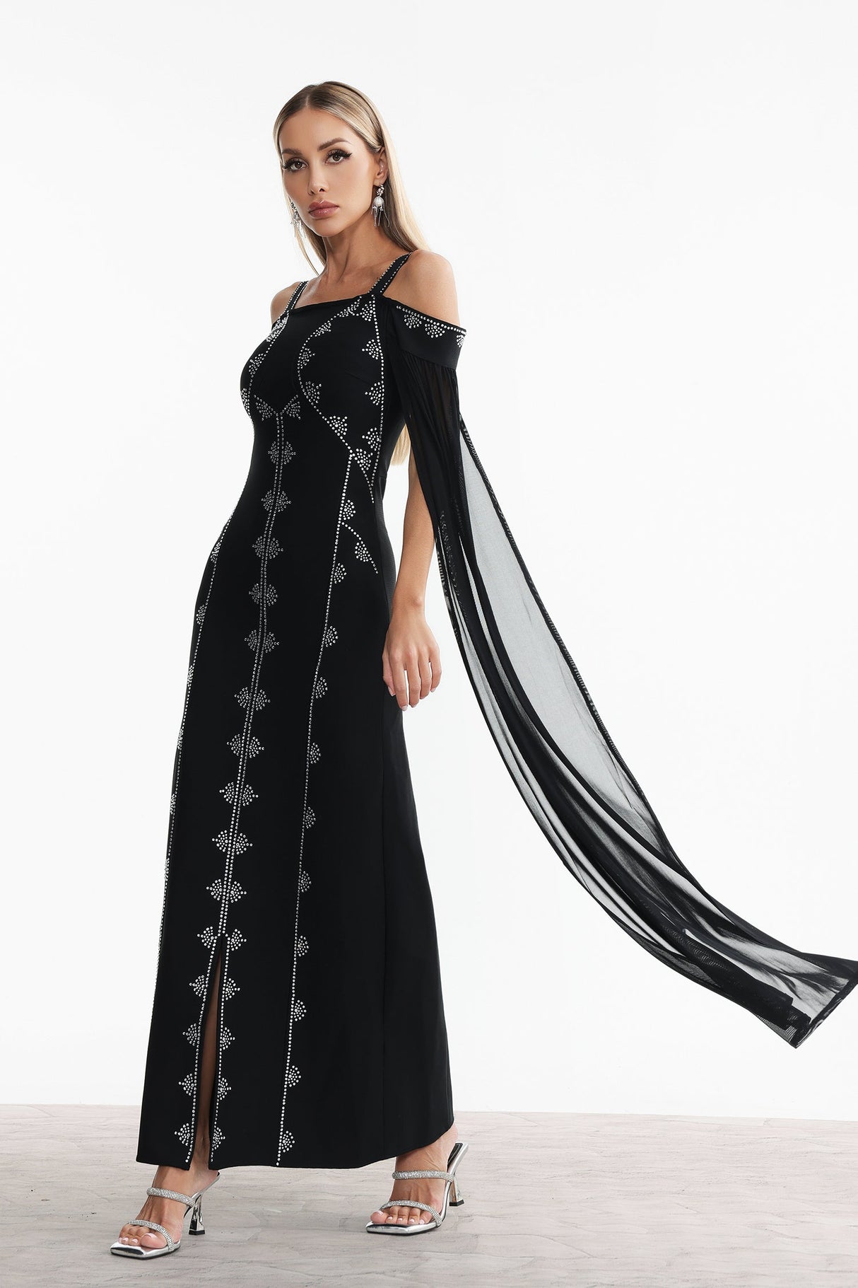 Elizabeth Black Rhinestone Detail Off-Shoulder Dress
