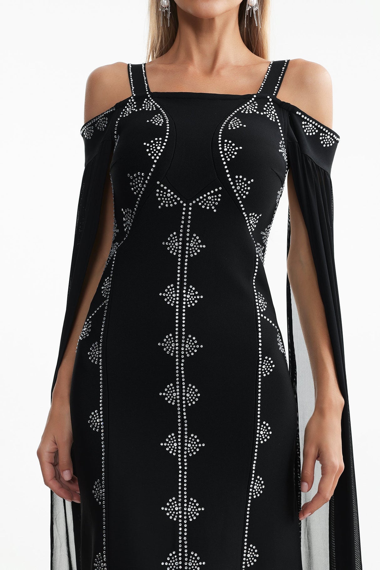 Elizabeth Black Rhinestone Detail Off-Shoulder Evening Dress