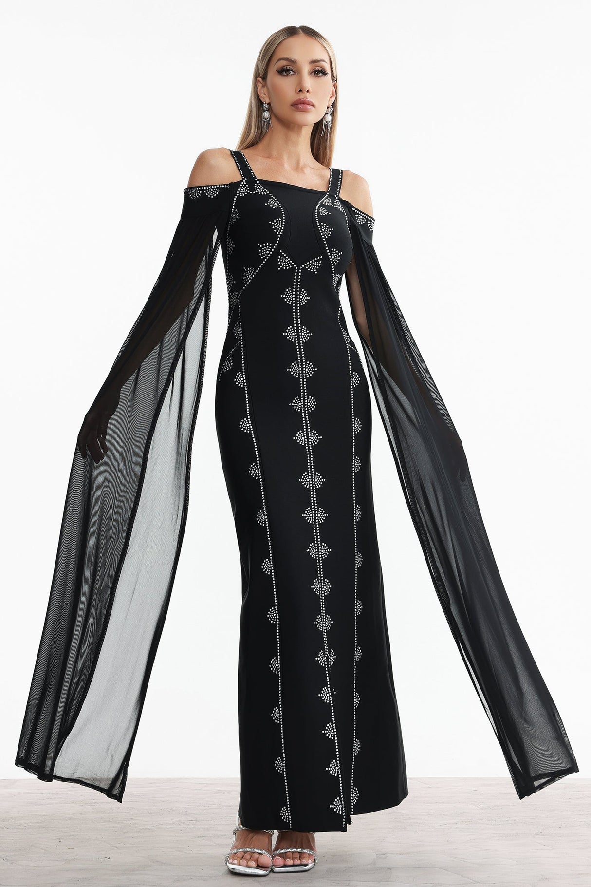 Elizabeth Black Rhinestone Detailing Off-Shoulder Dress