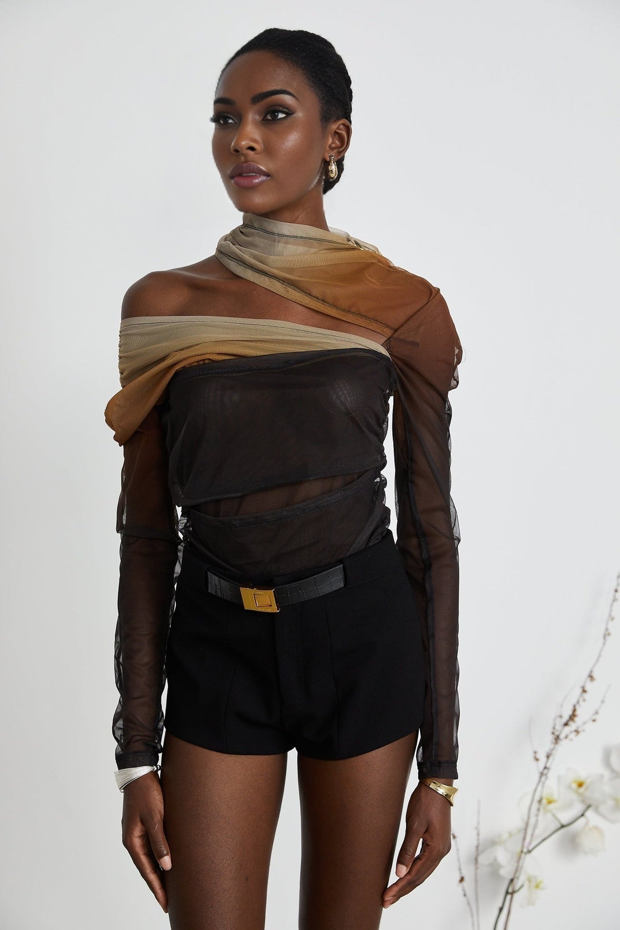 Elizabeth Bodysuit - Long Sleeves - High Neck - Pleats and Cut - Out Design - Gradient Effect