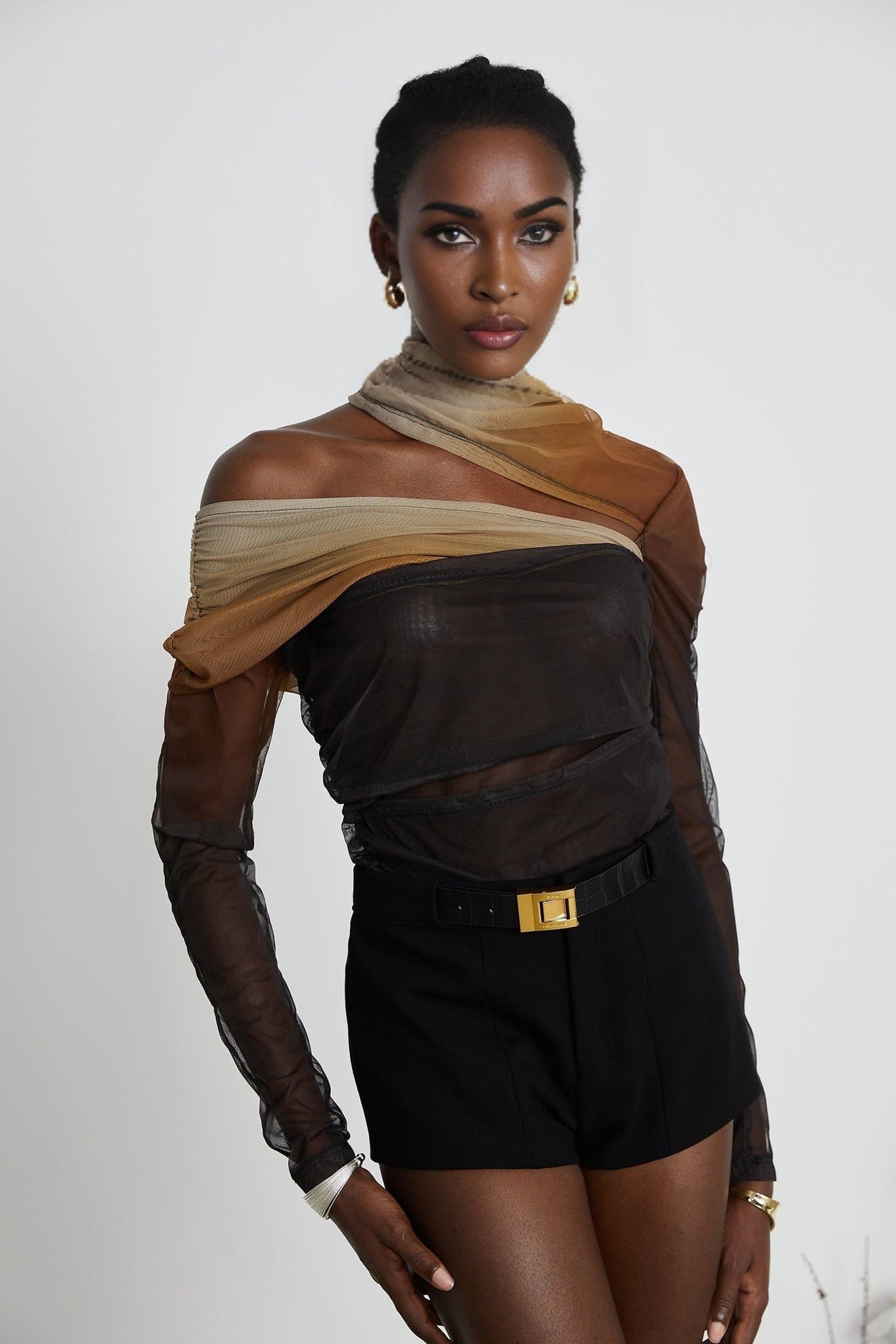 Elizabeth Bodysuit - Long Sleeves - High Neck - Pleats and Cut - Out Design - Gradient Effect