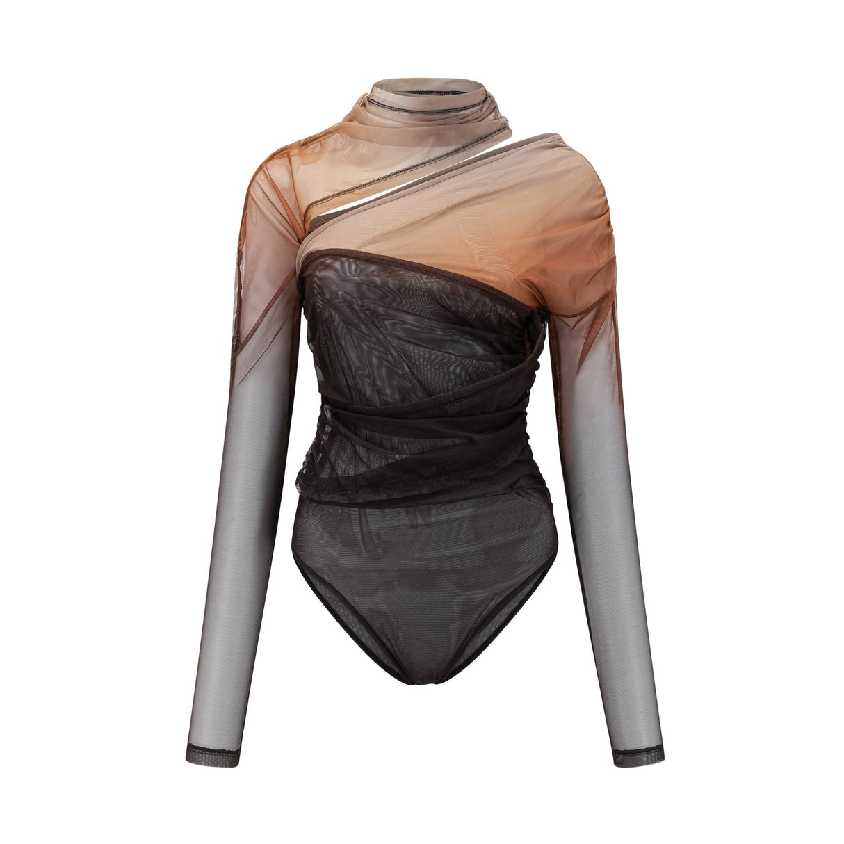 Elizabeth Bodysuit - Long Sleeves - High Neck - Pleats and Cut - Out Design - Gradient Effect