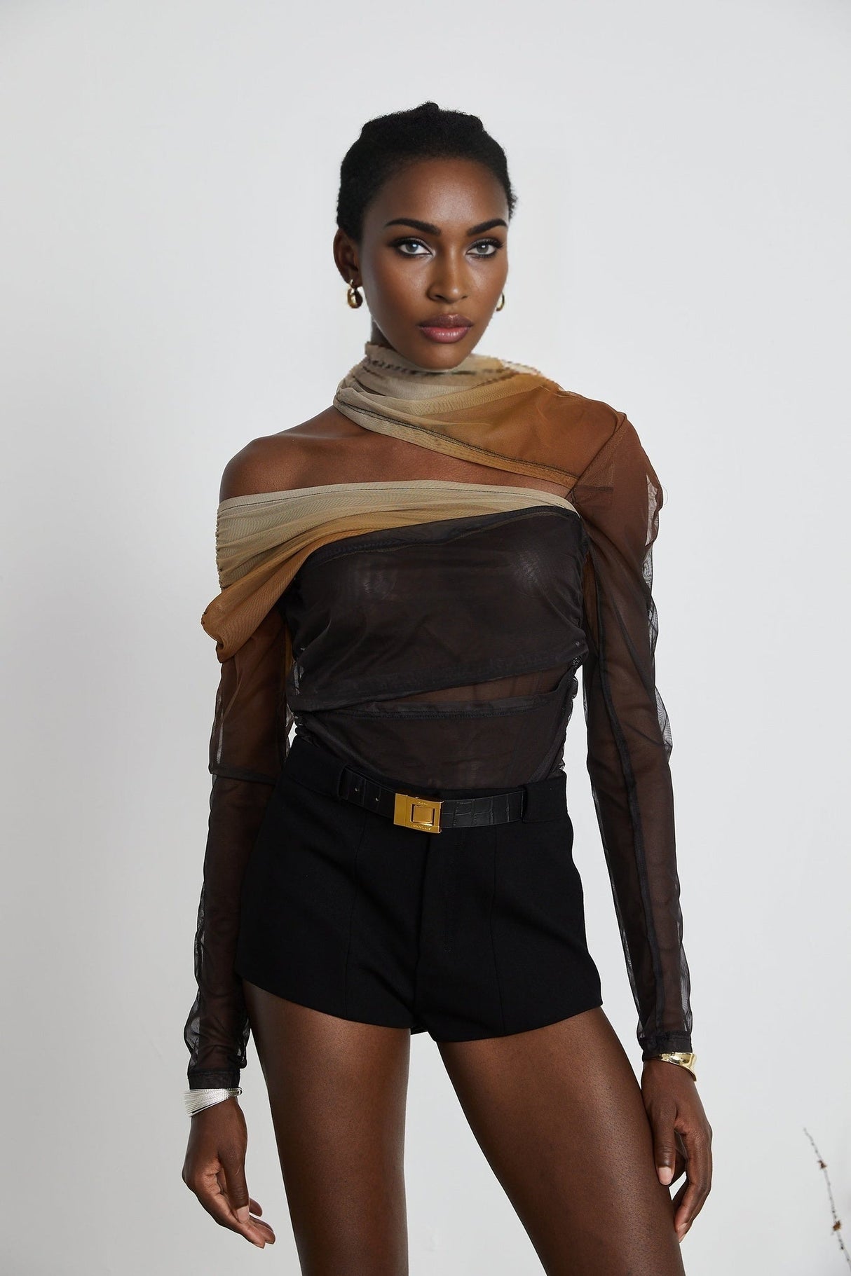 Elizabeth Bodysuit - Long Sleeves - High Neck - Pleats and Cut - Out Design - Gradient Effect
