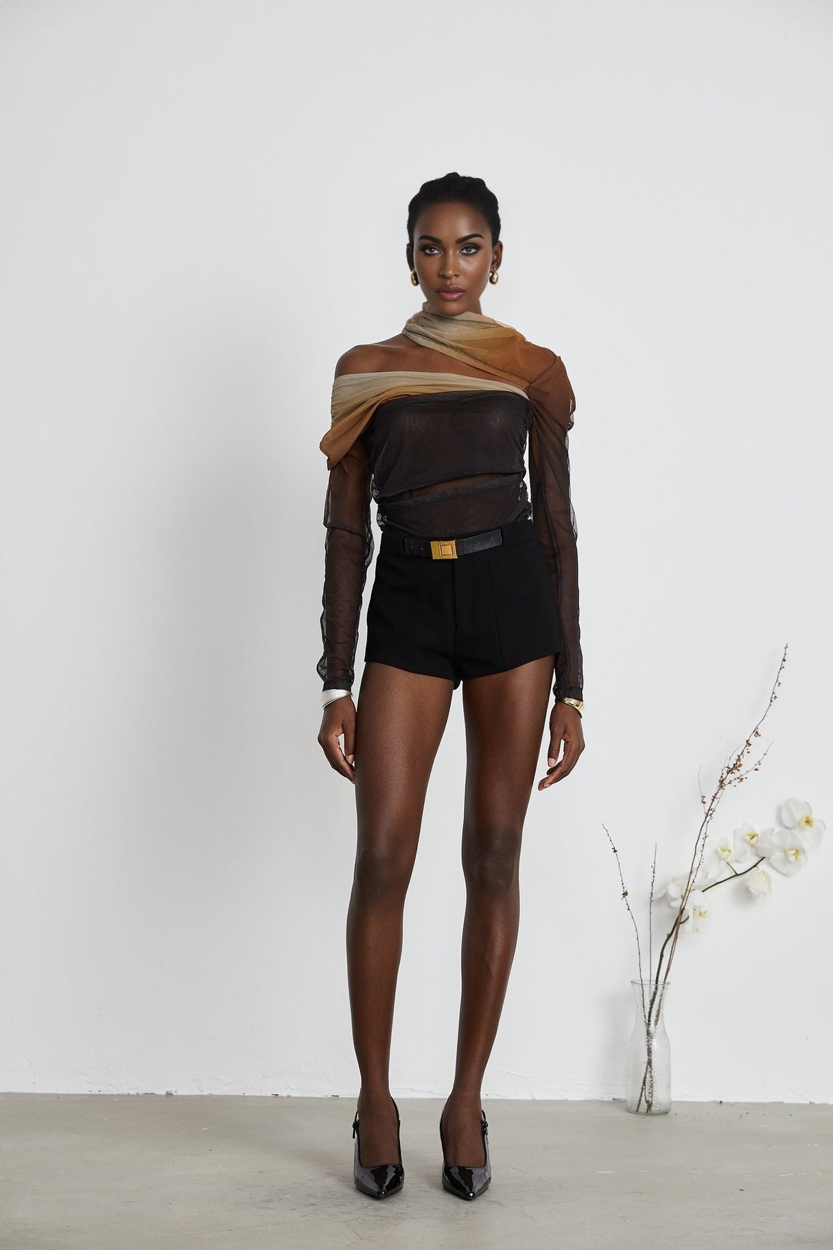 Elizabeth Bodysuit - Long Sleeves - High Neck - Pleats and Cut - Out Design - Gradient Effect