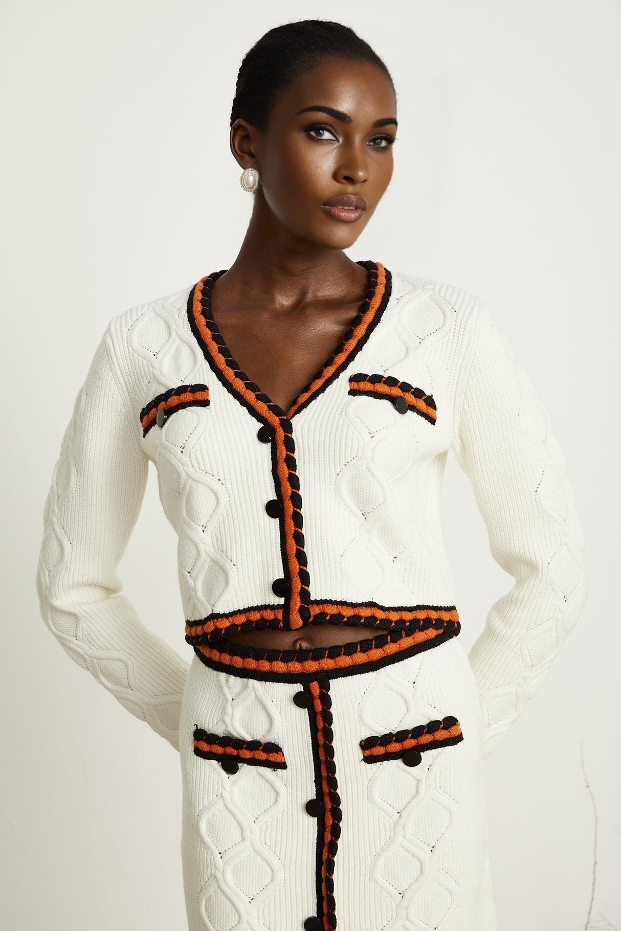 Elizabeth Cardigan & Skirt - V Neck - Long Sleeves - Knitted Construction - Contrasting Trim