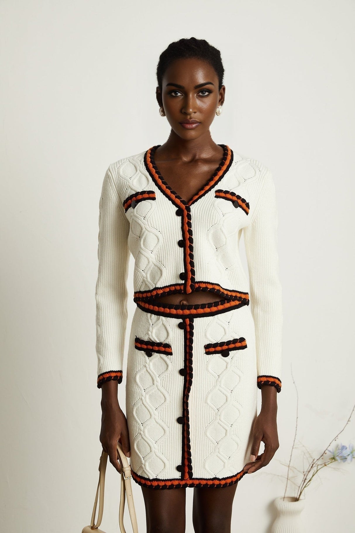 Elizabeth Cardigan & Skirt - V Neck - Long Sleeves - Knitted Construction - Contrasting Trim