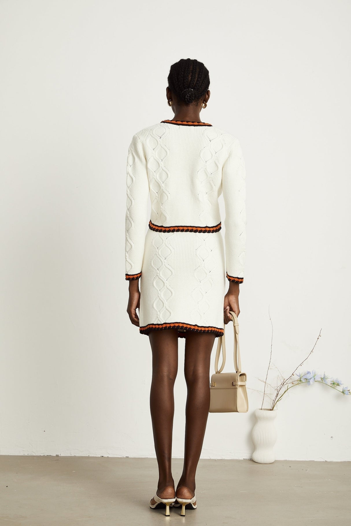 Elizabeth Cardigan & Skirt - V Neck - Long Sleeves - Knitted Construction - Contrasting Trim