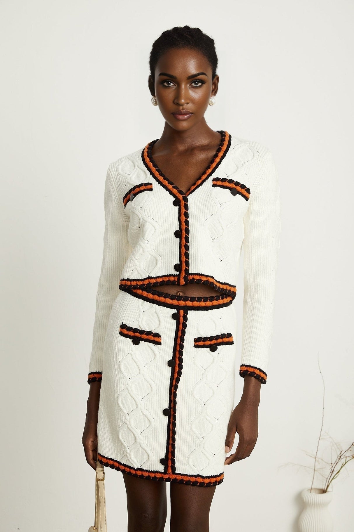 Elizabeth Cardigan & Skirt - V Neck - Long Sleeves - Knitted Construction - Contrasting Trim