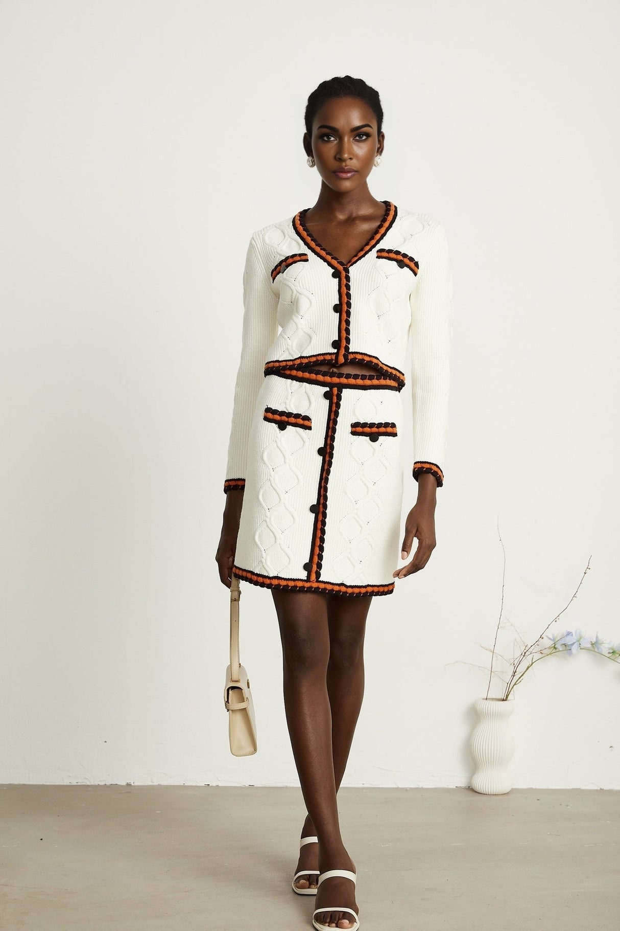 Elizabeth Cardigan & Skirt - V Neck - Long Sleeves - Knitted Construction - Contrasting Trim