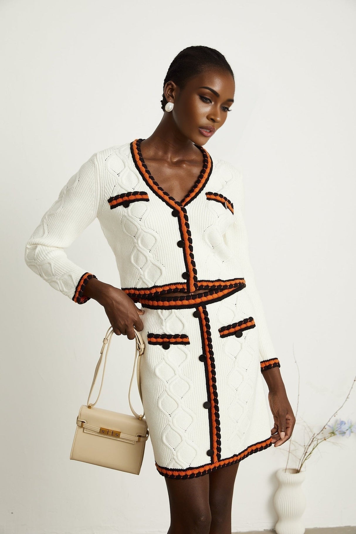 Elizabeth Cardigan & Skirt - V Neck - Long Sleeves - Knitted Construction - Contrasting Trim